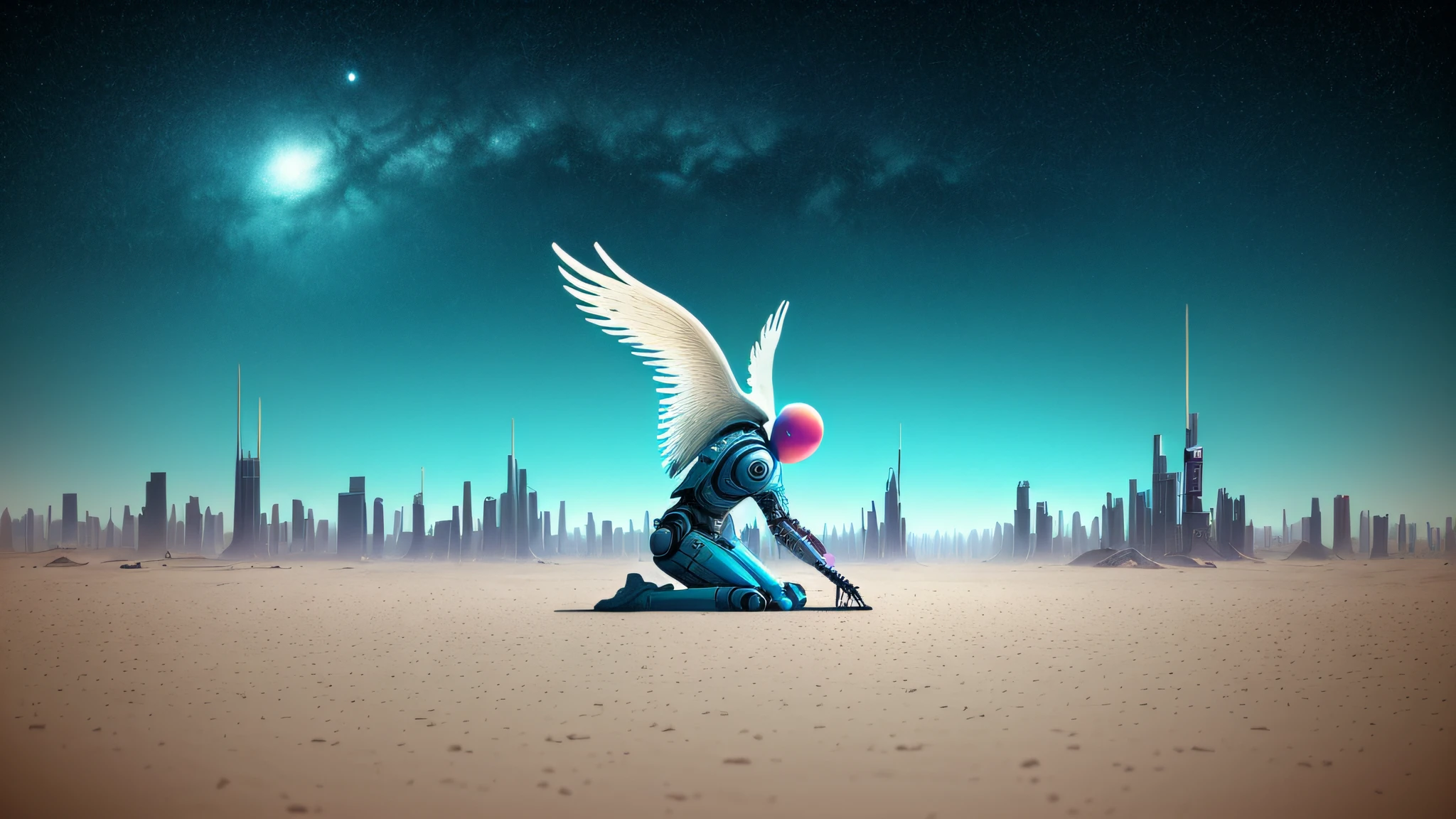 there's a robot angel with big wings of white feathers who is lying on his knees in the dying sand, desert with symmetrical city on the daytime horizon, dystopian digital art, city in the desert, futuristic in the desert, 4k comic book wallpaper, inspired by Mike Winkelmann, David Bowie, and Simon Stålenhag, future of this, bleak. Digital illustration, Desert City, Blue 4K wallpaper, blue-toned image with colors of Muse album cover Black Holes & Revelations