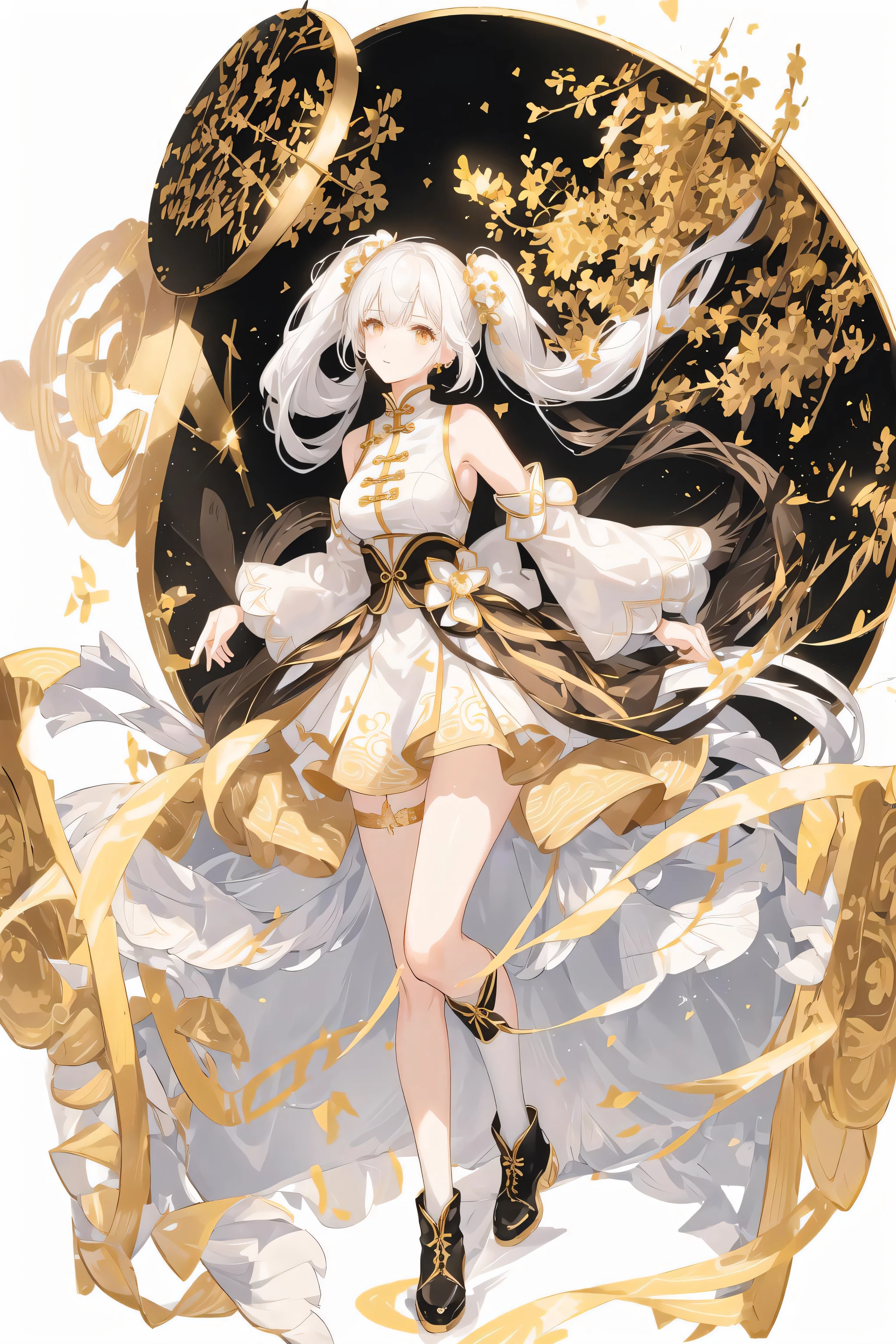 (white background:1.2), 1 woman, slender body, full body, shining white hair, tied to thin twintail, brown eyes, short white summer dress, gold accent, gold pattern, short white dress, black shoes, black boots, chinese outfit, standing, gold hair ornament, white thigh lace, exposed shoulder,