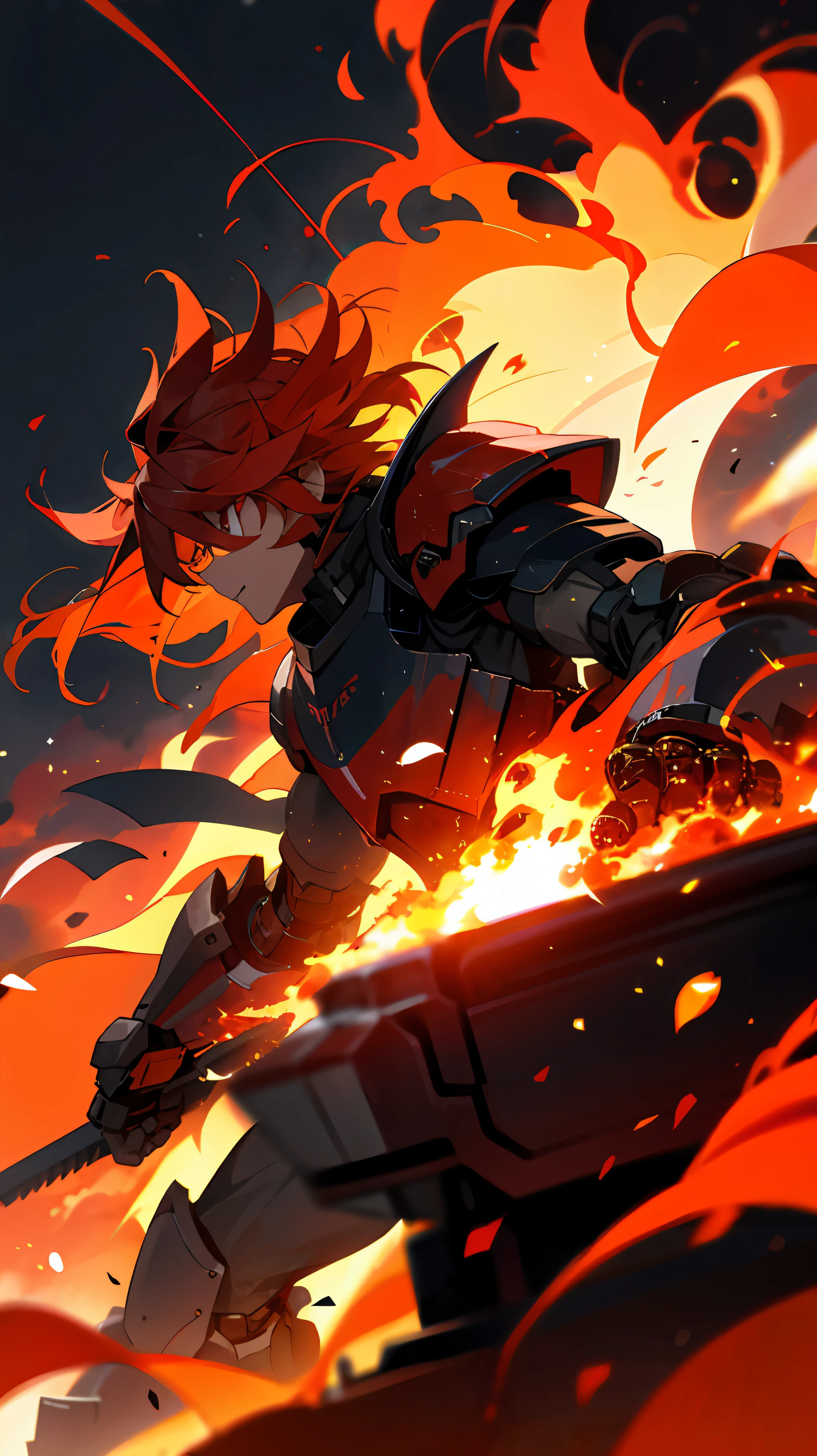 A war of armored Cores in a flaming city, red cosmic sky on fire