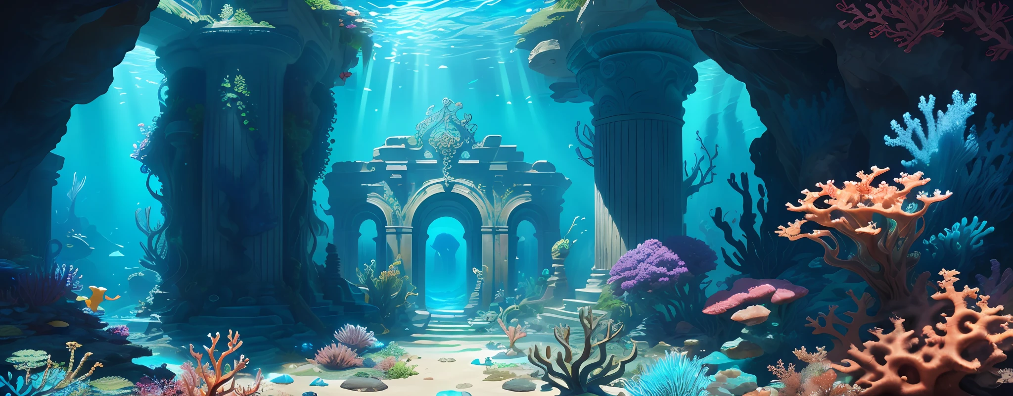 The underwater world of Atlantis, deep sea, epic reality, (hdr: 1.4), dappled sunlight, cool colors, ancient ruins, ocean-type houses full of design sense, deep-sea creatures, coral, fantastic and incredible, epic composition , (Complicated Detail), (Complicated Detail, Ultra Detail: 1.2), Art Station, (Masterpiece, Best Quality) --v 6