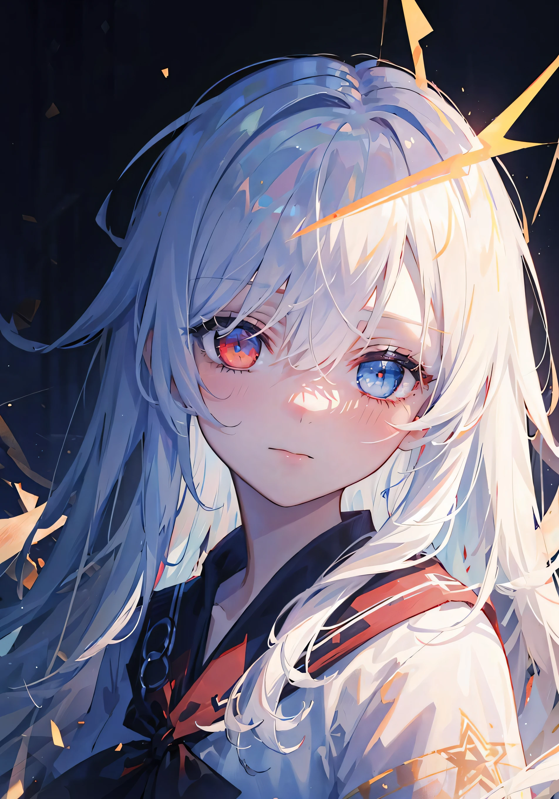 ((masterpiece)), ((ultra-detailed)), pixiv, best shadows, best lighting, best quality, cinematic shot, rim lightning, solo, abstract, 1girl, looking at viewer, black background, pentagram, bangs, blue eyes, white hair, portrait, heterochromia, hexagram, red eyes