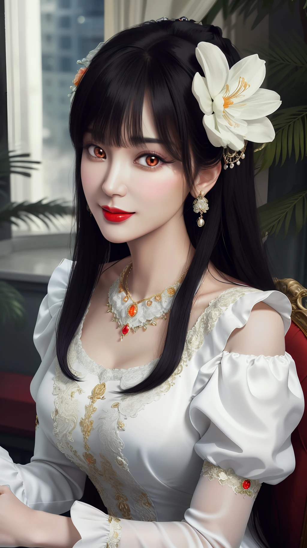 1 beautiful mature girl, looking at viewer, upper body, realistic,real girl, The girl is shy and embarrassed, Front bangs, large breasts and round, excessively frilled princess dress, draped clothes, flawless face, jewelry, ornament, flower, lace trim, beautiful big and round orange eyes, sharp eyebrows, very sharp and detailed peacock eyelashes and makeup, red lips, Smile without opening your lips, long silky black hair and jewelry clips, masterpiece, best quality, 8k, detailed skin texture, detailed cloth texture, beautiful detailed face, intricate details, ultra detailed, rim lighting, side lighting, cinematic light, ultra high res, 8k uhd, film grain,best shadow, delicate, RAW