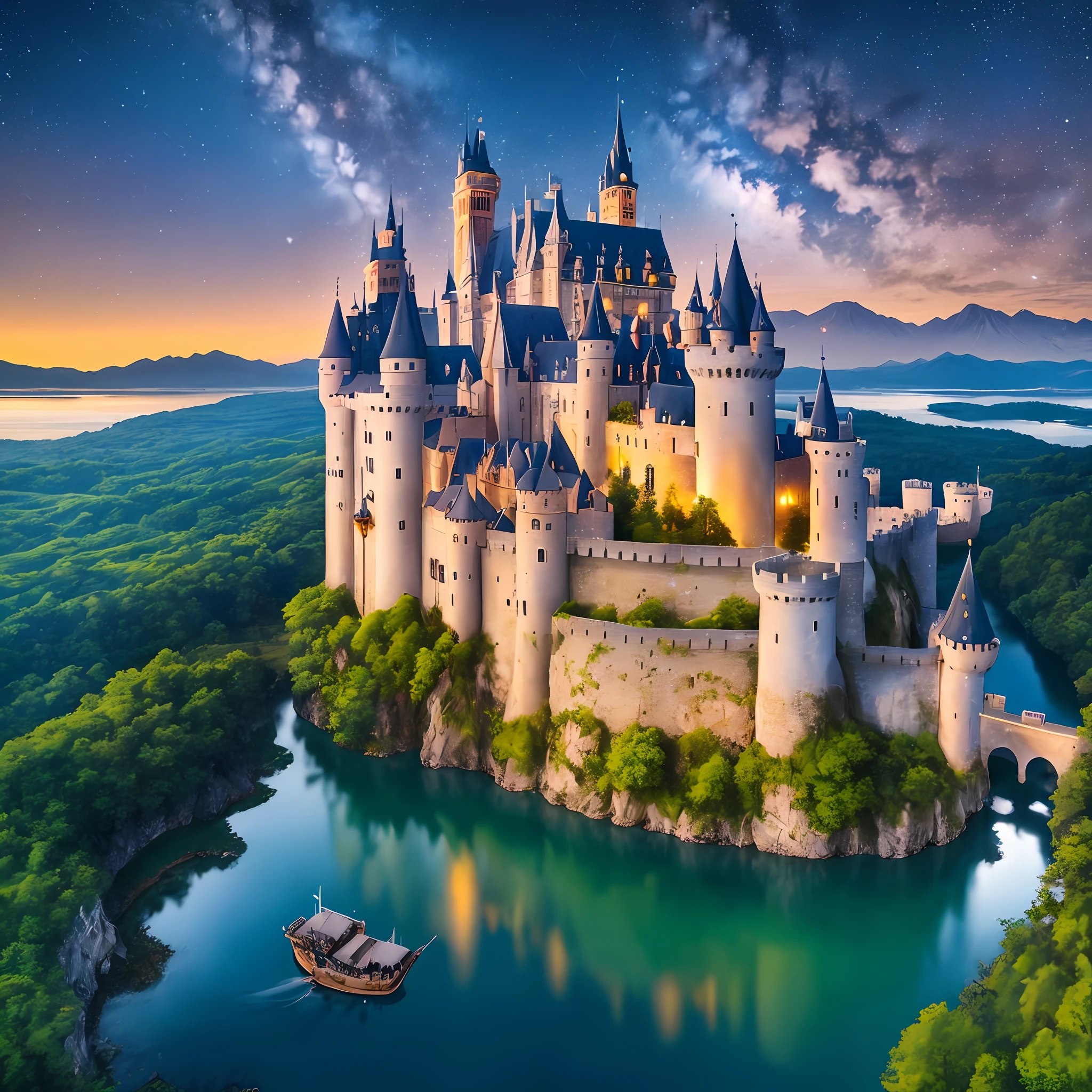Floating medieval castle, mountains, forest, and water gueda around. Flying over a city, starry night sky. 8k, cinematic, photography,rich in detail