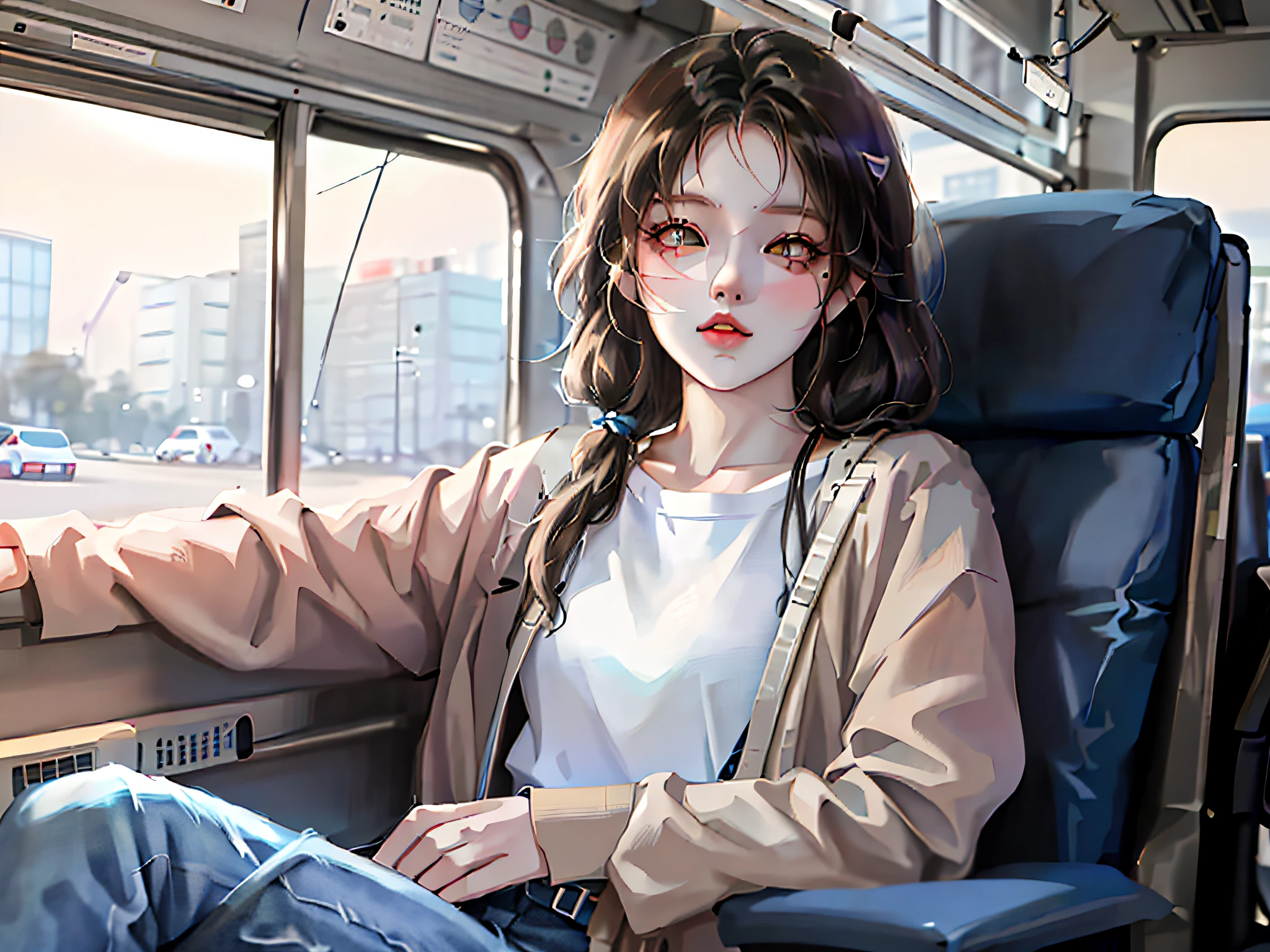 araffe girl sitting on a bus with a white shirt and blue jeans, artwork in the style of guweiz, realistic anime 3 d style, realistic cute girl painting, realistic artstyle, realistic anime artstyle, 🤤 girl portrait, realistic art style, kawaii realistic portrait, realistic anime art style, anime realism style, cute portrait, guweiz