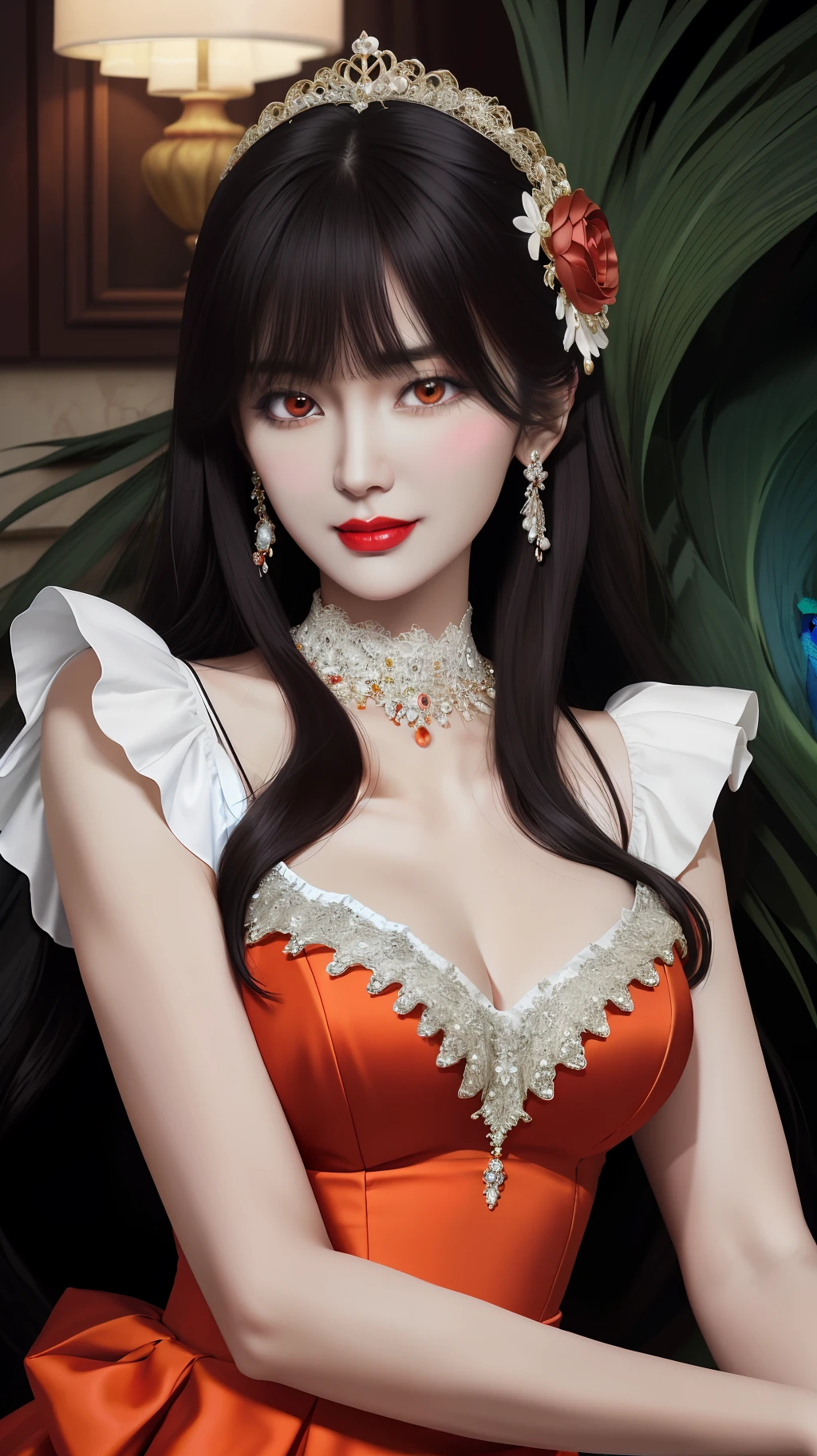1 beautiful mature girl, looking at viewer, upper body, realistic,real girl, The girl is shy and embarrassed, Front bangs, large breasts and round, excessively frilled princess dress, draped clothes, flawless face, jewelry, ornament, flower, lace trim, beautiful big and round orange eyes, sharp eyebrows, very sharp and detailed peacock eyelashes and makeup, red lips, Smile without opening your lips, long silky black hair and jewelry clips, masterpiece, best quality, 8k, detailed skin texture, detailed cloth texture, beautiful detailed face, intricate details, ultra detailed, rim lighting, side lighting, cinematic light, ultra high res, 8k uhd, film grain,best shadow, delicate, RAW