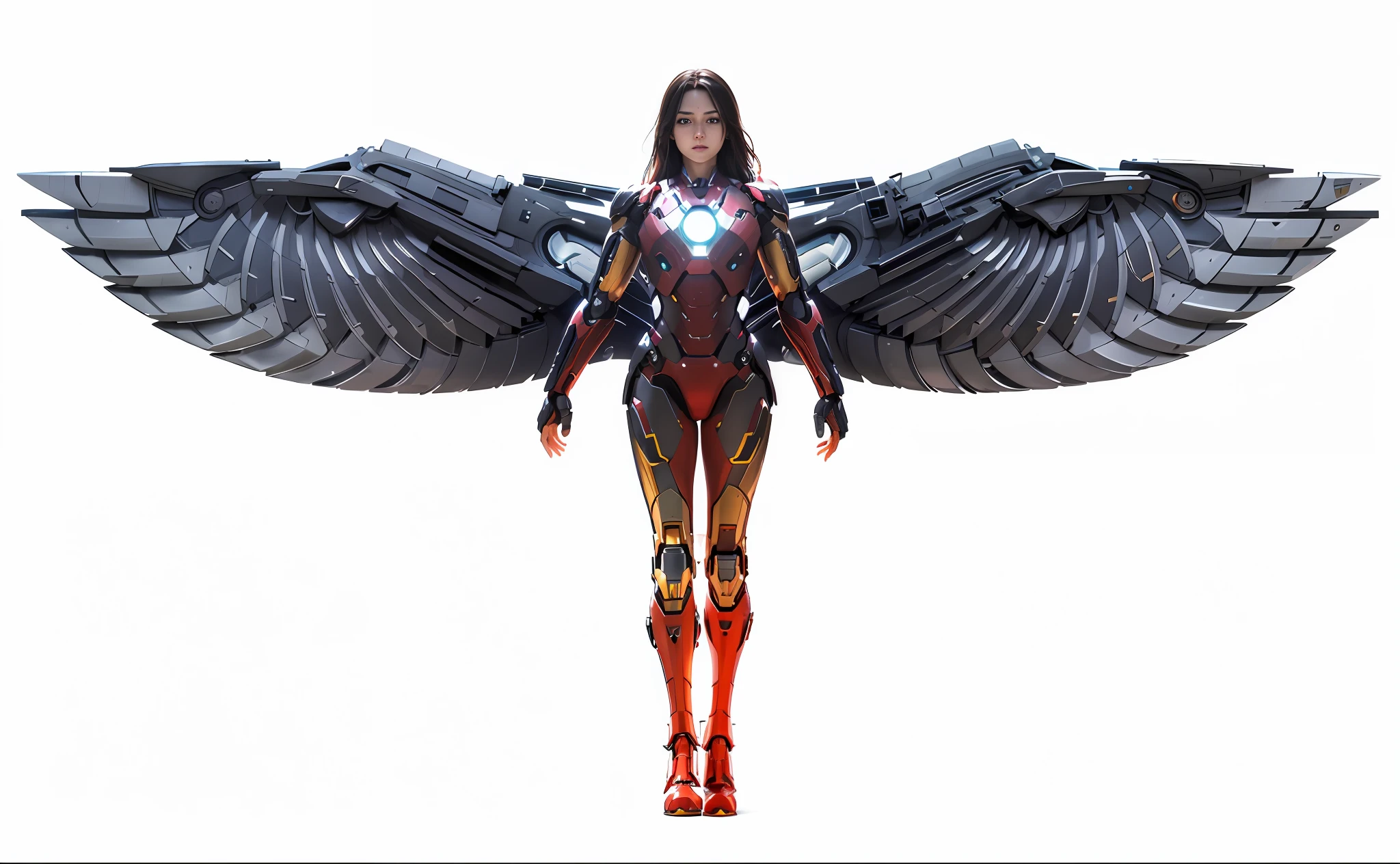 4k, realistic, charismatic, very detailed, above the sky there is a girl in an iron man costume, she is Iron Man, superhero theme, long black hair, 25 years old, full body, highly detailed skin, realistic skin details, visible pores, sharp focus, RAW, masterpiece, super fine photo, best quality, super high resolution, photorealistic photorealism, sunlight, full body portrait, amazing beauty, dynamic pose, delicate face, vibrant eyes, (arms outstretched, mechanical wings), She wears a futuristic Iron Man mech with a red and gold color scheme
