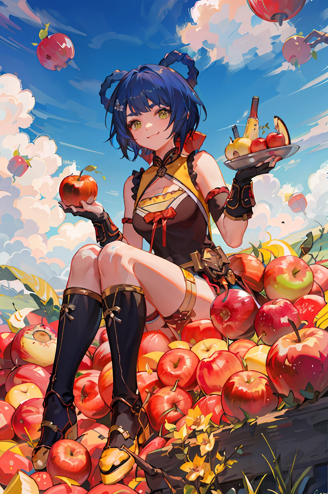 absurdres, highres, ultra detailed, 1girl, solo, extremely detailed eyes, (official art, beautiful and aesthetic:1.2), (1girl), extreme detailed,colorful,highest detailed, short blue hair with 2 braids on top of the head, yellow chinese clothes, sitting on a pile of apples, apples falling from the sky, apple in her hand, fruit salad in her hand, smile, happy