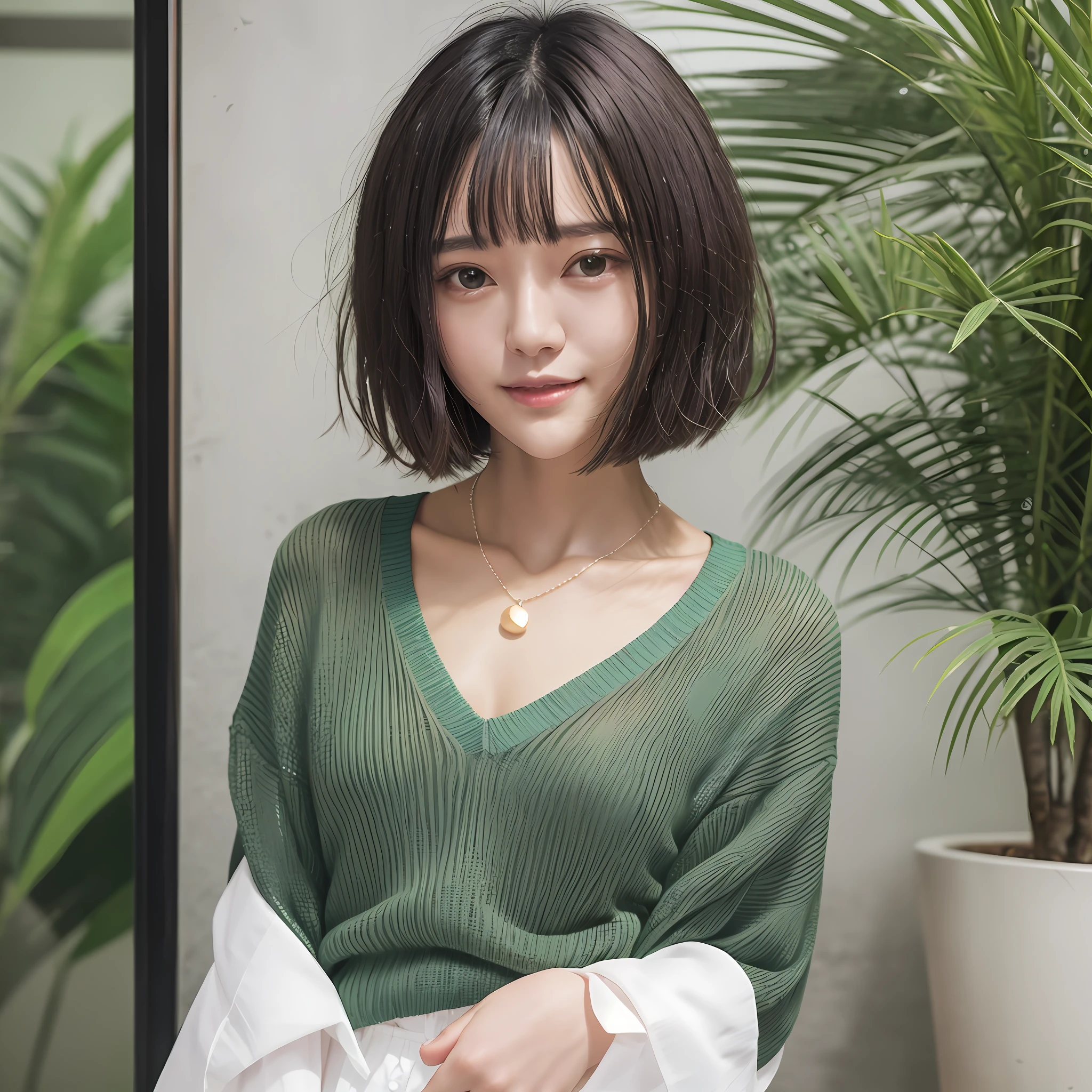 Best image quality, best quality, Japan woman, black hair, short bob, glossy lips, resort, sheer V neck summer sweater pale green, chest emphasis, cute smile, looking at camera, small necklace, small face