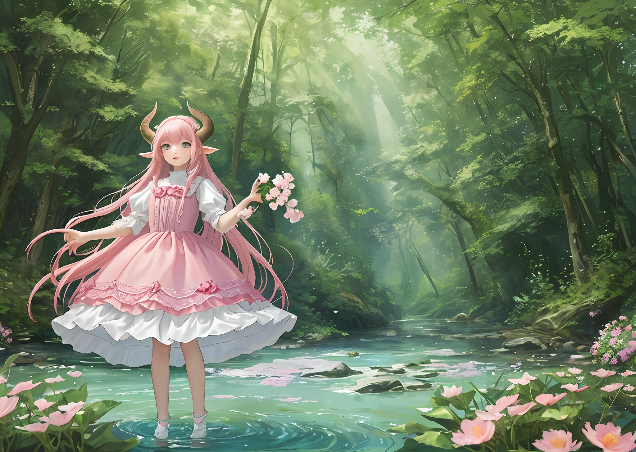 (masterpiece) girl in a river surrounded by flowers, fishes, girl with long pink hair and horns, (transparent dress), forest background