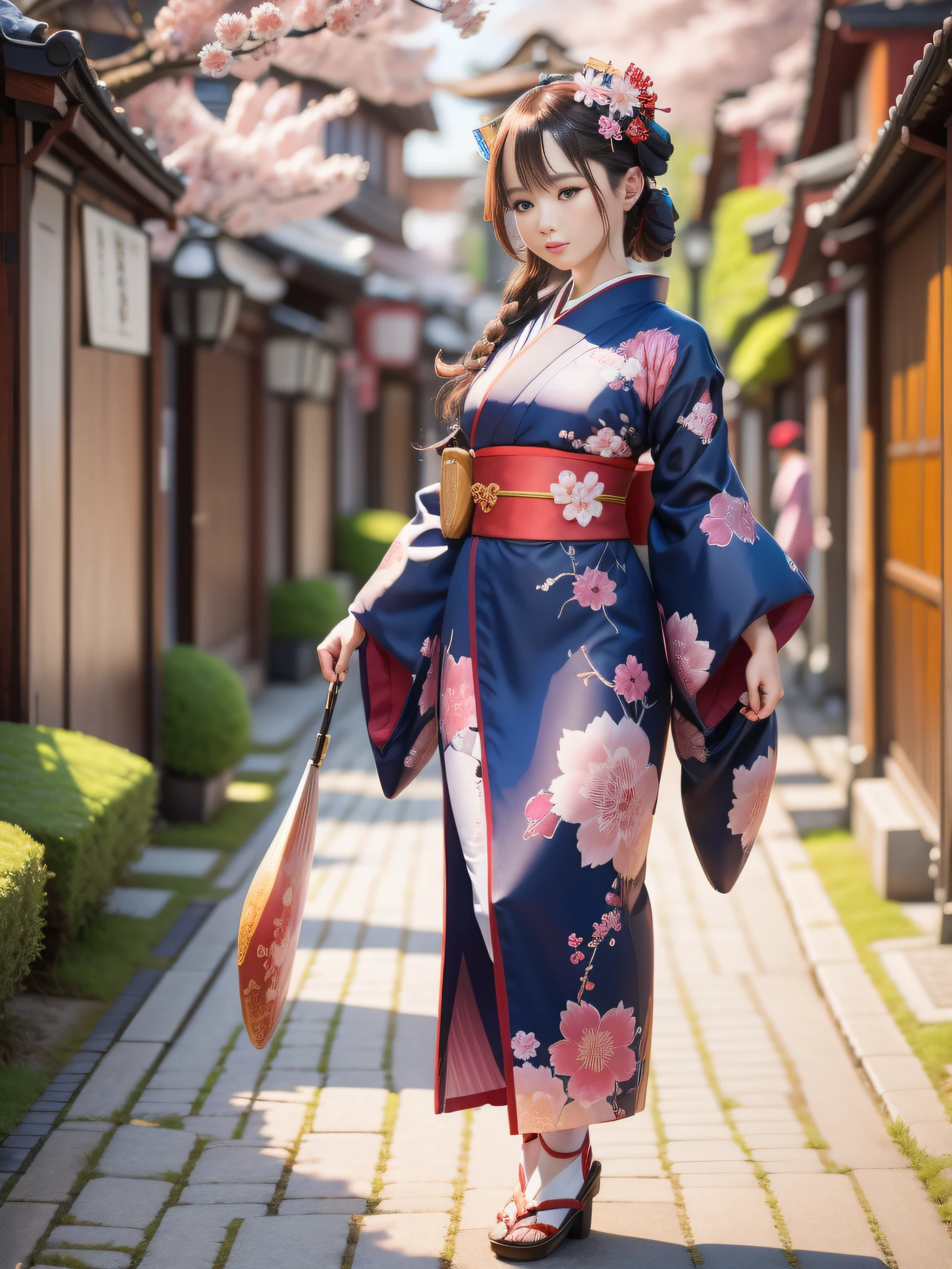 full body,full shot,sfw,beautiful russian girl in the image of a geisha with big bright blue eyes and long fluffy eyelashes Nordic type with a perfect miniature and graceful figure and very long and fluffy wavy wheat-colored hair stands full-length in the alley against a blooming Japanese pink sakura in a Japanese kimono colour NAVY BLUE and Japanese shoes gatte colour NAVY BLUE, The kimono of the girl is laced with intricate patterns of appliqué and embroidery of sakura blossoms, small breasts with bulges are translucent through the fabric, the ground on which the girl stands is studded with sakura petals, scene highly artistic, high resolution, sharp focus, Migjorni-V5 artistic style, hyperphotorealism, perfect proportions, golden ratio, flare, outline, sunlight, soft glow, soft focus, photography technique Monocle