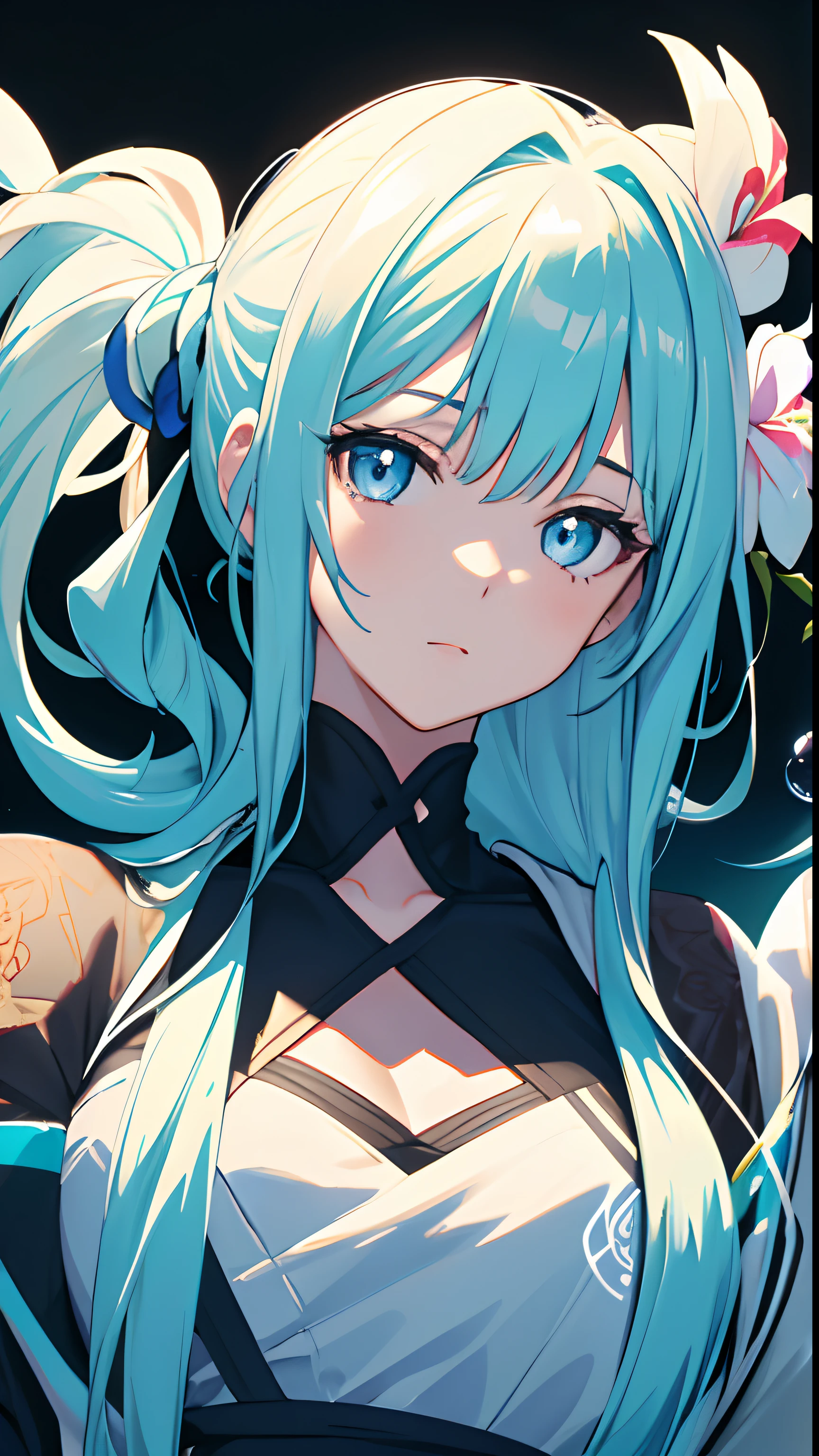 (masterpiece), (best quality), (ultra detailed),(disheveled hair),(illustration), (1girl), (Fashionable clothing), standing, Fashion model, looking at viewer, (interview), (simple background),beautiful detailed eyes, delicate beautiful face, Floating,(high saturation),(colorful splashes),colorful bubble,(shining), focus on face, ponytail, kamisato ayaka, light blue hair, bangs, hair ring, floating flowers, floating hairs, (shining), best lighting, best shadow,
