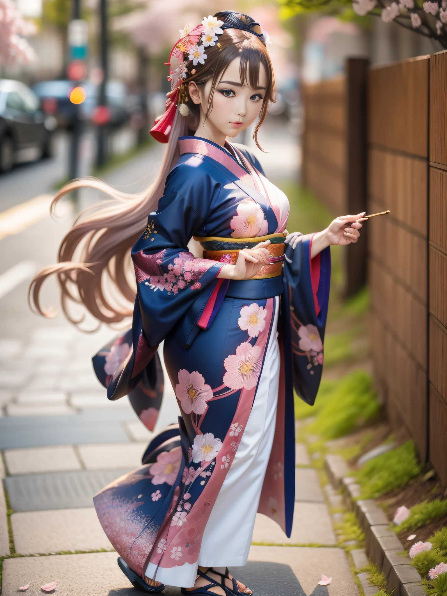 full body,full shot,sfw,beautiful russian girl in the image of a geisha with big bright blue eyes and long fluffy eyelashes Nordic type with a perfect miniature and graceful figure and very long and fluffy wavy wheat-colored hair stands full-length in the alley against a blooming Japanese pink sakura in a Japanese kimono colour NAVY BLUE and Japanese shoes gatte colour NAVY BLUE, The kimono of the girl is laced with intricate patterns of appliqué and embroidery of sakura blossoms, small breasts with bulges are translucent through the fabric, the ground on which the girl stands is studded with sakura petals, scene highly artistic, high resolution, sharp focus, Migjorni-V5 artistic style, hyperphotorealism, perfect proportions, golden ratio, flare, outline, sunlight, soft glow, soft focus, photography technique Monocle
