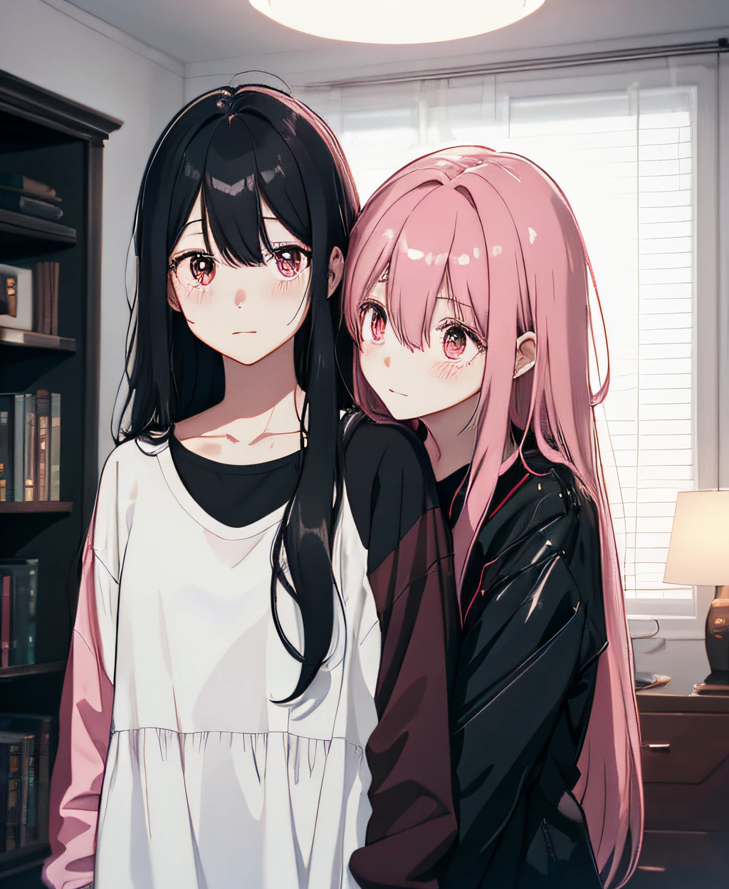 (two women), (long black hair), (long pink hair), standing side by side in living room, front, upper body, low perspective, wearing black jacket, shy, blushing, daytime, (clear facial features), top CG, highest quality, correct proportions, perfect composition, high quality details, perfect details, (best lighting), (super complex details), (super detailed CG 1.2), (8K: 1.2), realistic, octane rendering, grotesque/surreal
