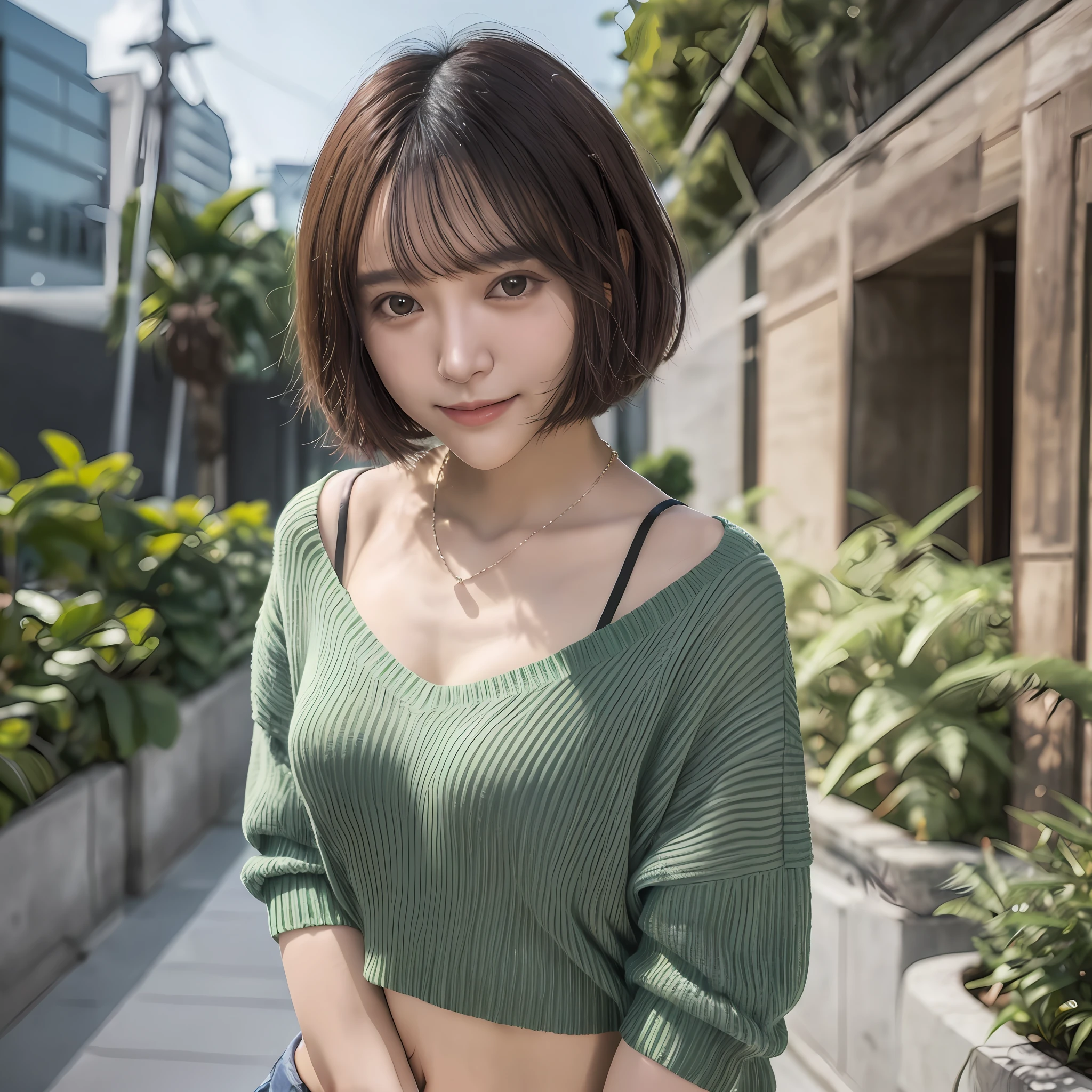 Best image quality, best quality, Japan woman, black hair, short bob, glossy lips, resort, sheer V neck summer sweater pale green, chest emphasis, cute smile, looking at camera, small necklace, small face