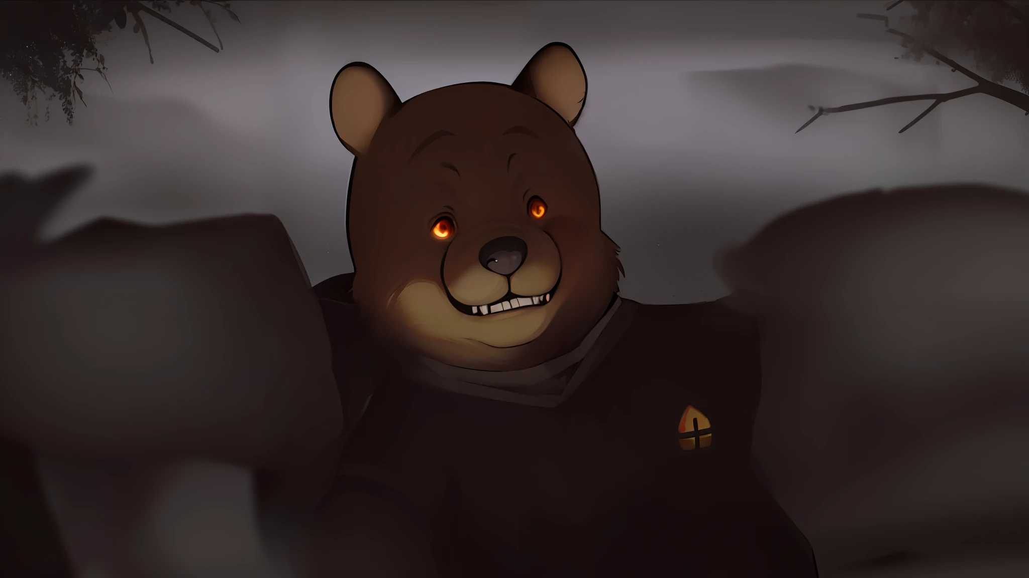 Winnie the Pooh in a dark, twisting forest, towering over the trees with sharp claws and teeth. His eyes sparkle with demonic energy as he prepares to pounce on unsuspecting prey. ((Horror)) ((terrifying environment))