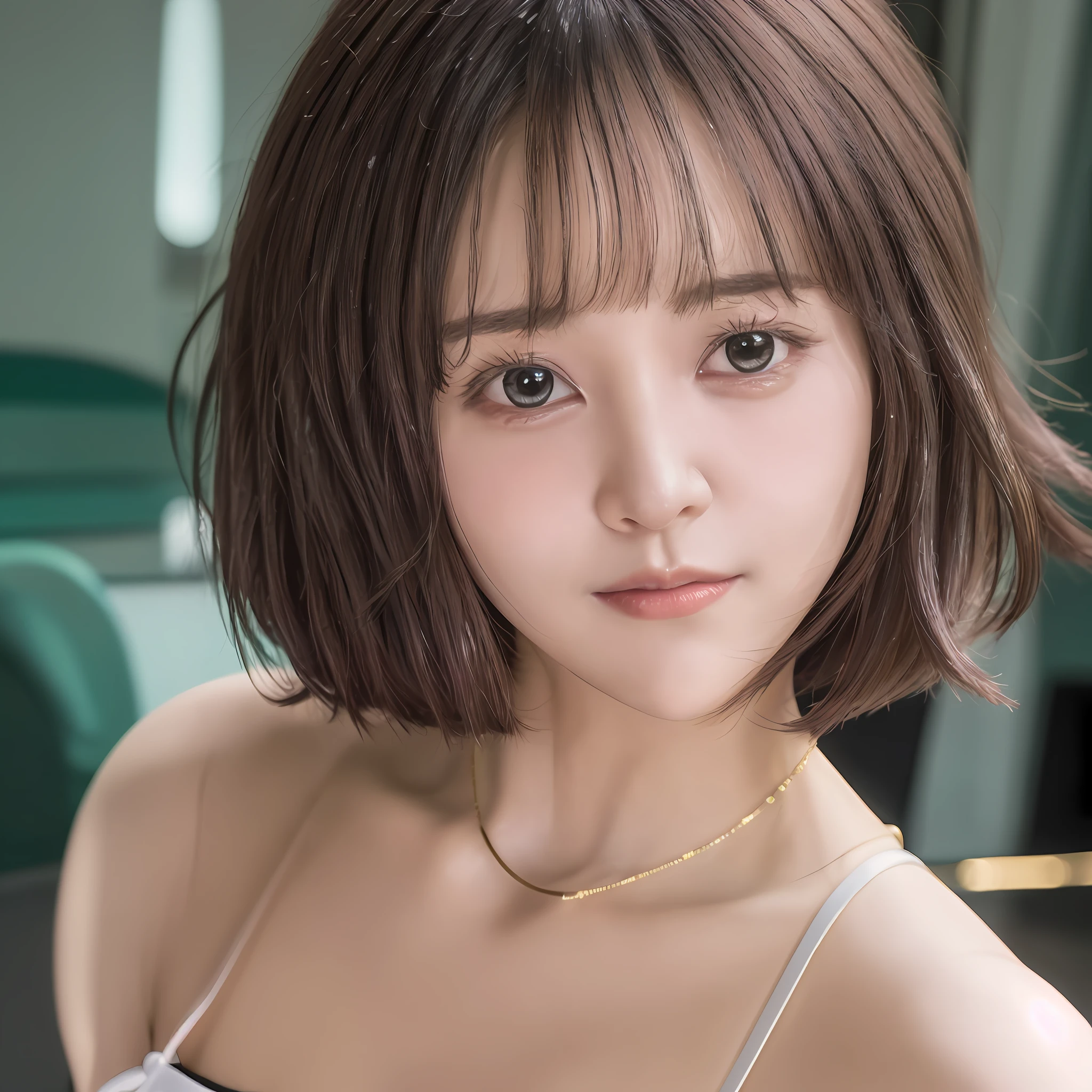 Best image quality, best quality, Japan woman, black hair, short bob, glossy lips, resort, sheer V-neck summer sweater light green, chest emphasis, cute smile, camera gaze, beautiful necklace, small face, double eyelids, patchy eyes, shiny small lips, slightly pointed chin, small eyes