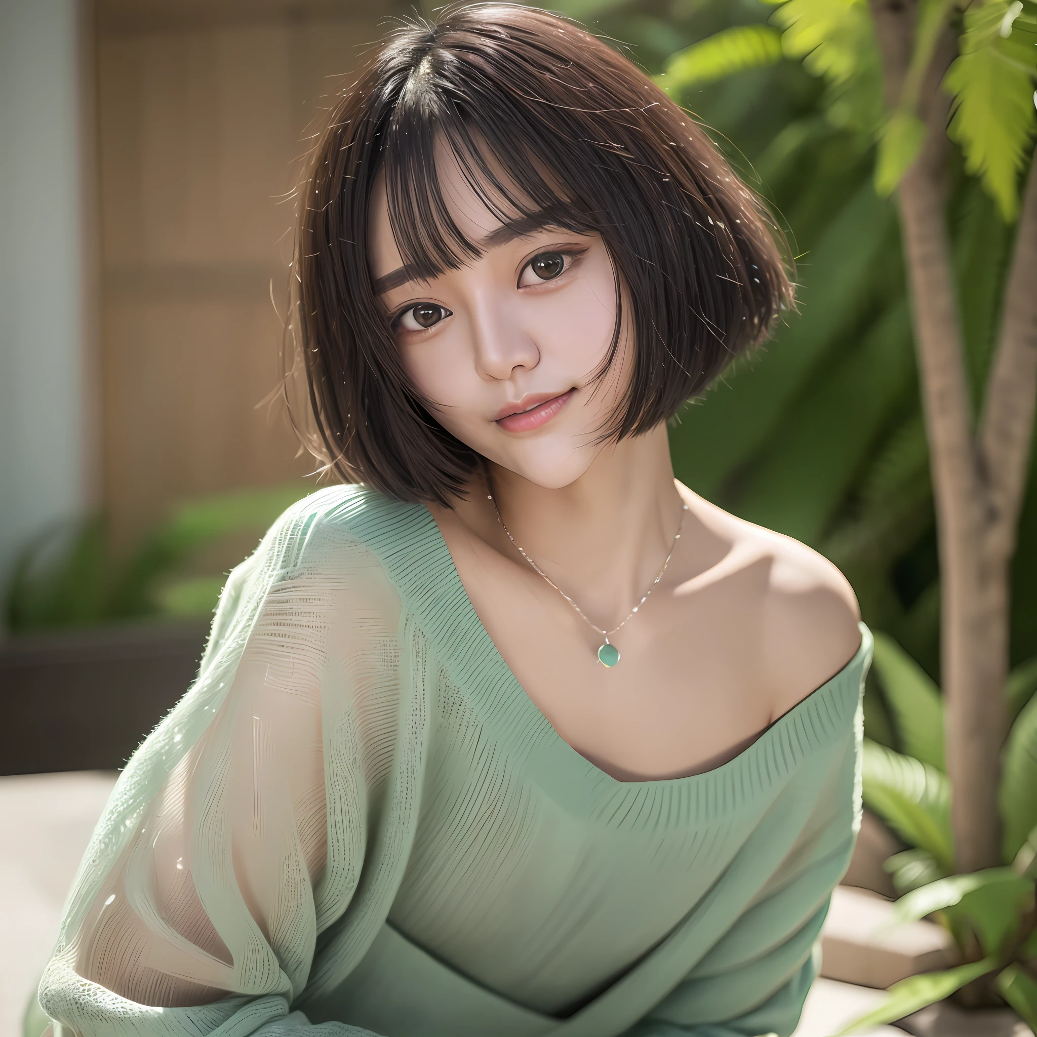 Best image quality, best quality, Japan woman, black hair, short bob, glossy lips, resort, sheer V-neck summer sweater light green, chest emphasis, cute smile, camera gaze, beautiful necklace, small face, double eyelids, patchy eyes, shiny small lips, slightly pointed chin, small eyes