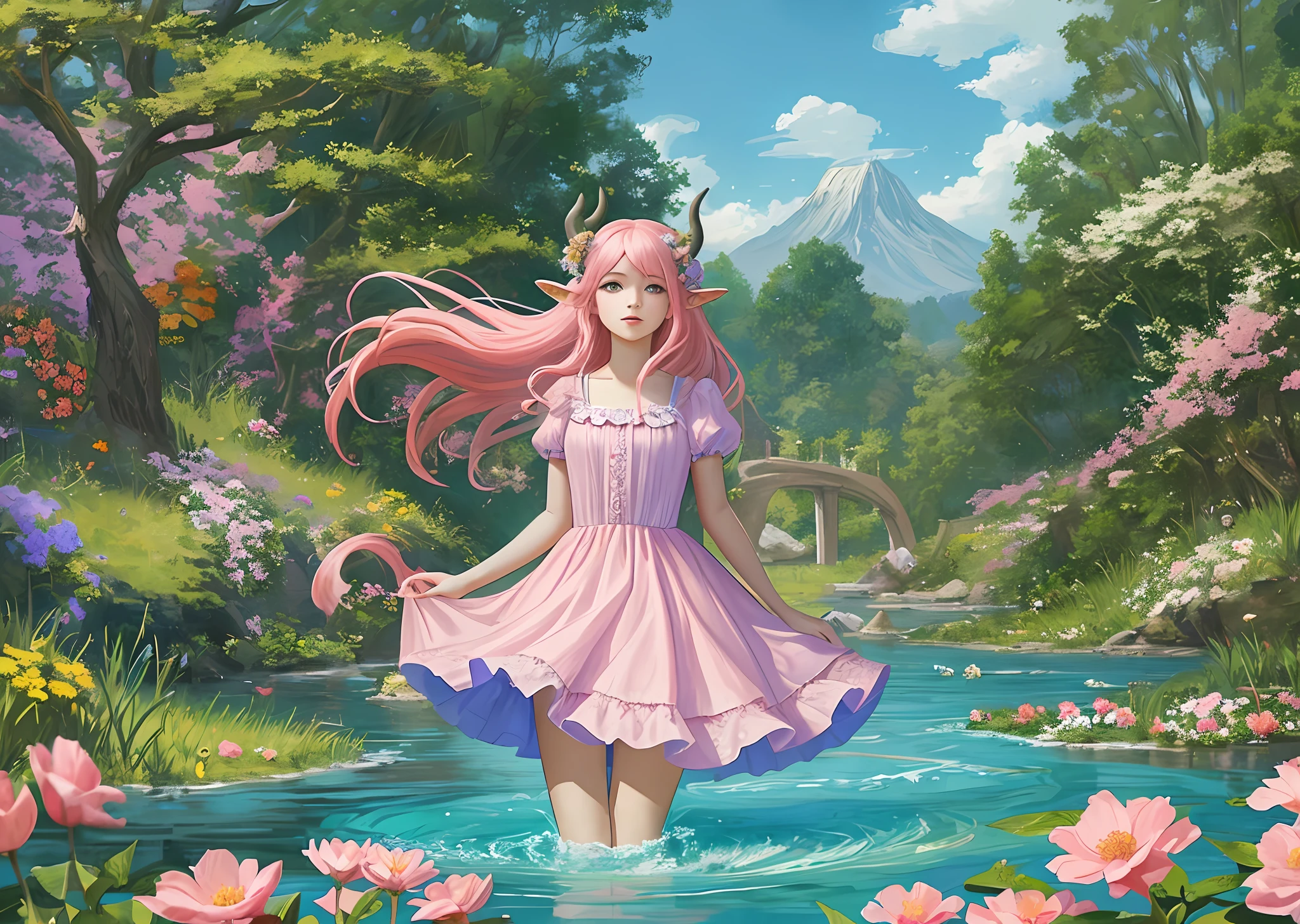 (masterpiece) girl in a river surrounded by flowers, fishes, girl with long pink hair and horns, in a transparent dress
