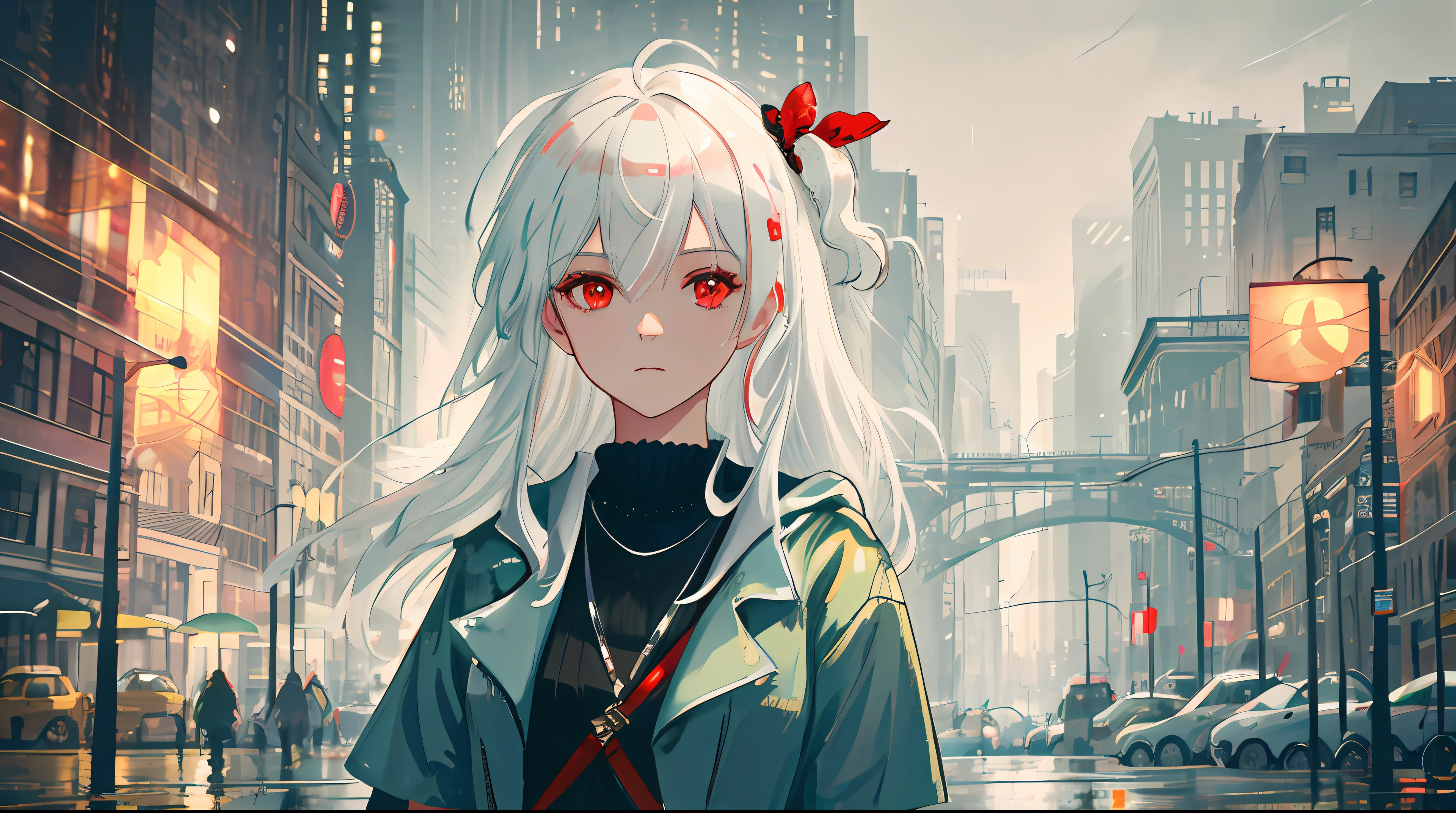 masterpiece, best quality, extremely detailed, cinematic lightning, intricate detail, highres, official art, finely detailed beautiful face and eyes, high resolution illustration, 8k, depth of field, bokeh, solo, 1girl, a girl with white hair and red eyes, long white hair, beautiful red eyes, beautiful landscape, rainy city, upper body, looking at viewer, close up