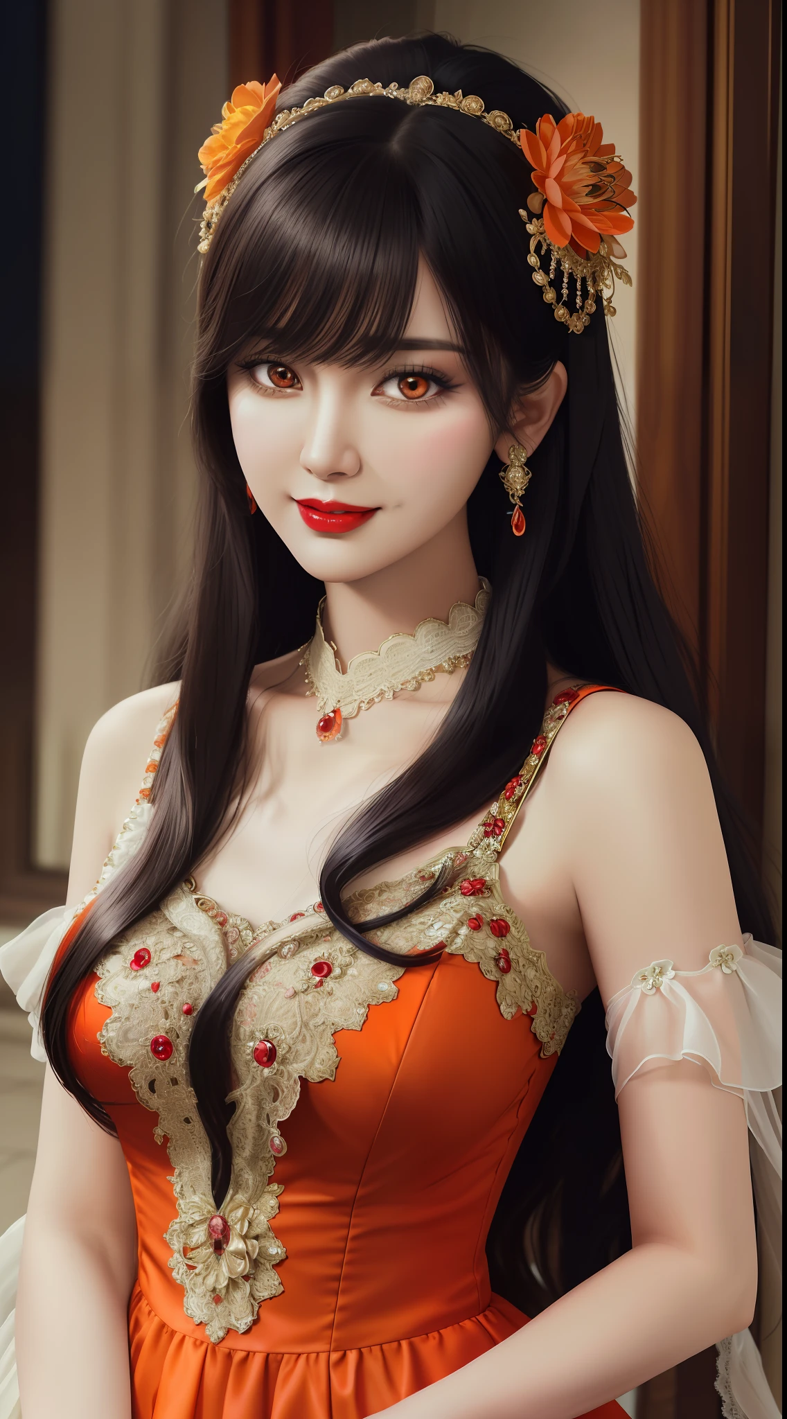 1 beautiful mature girl, looking at viewer, upper body, realistic,real girl, The girl is shy and embarrassed, Front bangs, large breasts and round, excessively frilled princess dress, draped clothes, flawless face, jewelry, ornament, flower, lace trim, beautiful big and round orange eyes, sharp eyebrows, very sharp and detailed peacock eyelashes and makeup, red lips, Smile without opening your lips, long silky black hair and jewelry clips, masterpiece, best quality, 8k, detailed skin texture, detailed cloth texture, beautiful detailed face, intricate details, ultra detailed, rim lighting, side lighting, cinematic light, ultra high res, 8k uhd, film grain,best shadow, delicate, RAW
