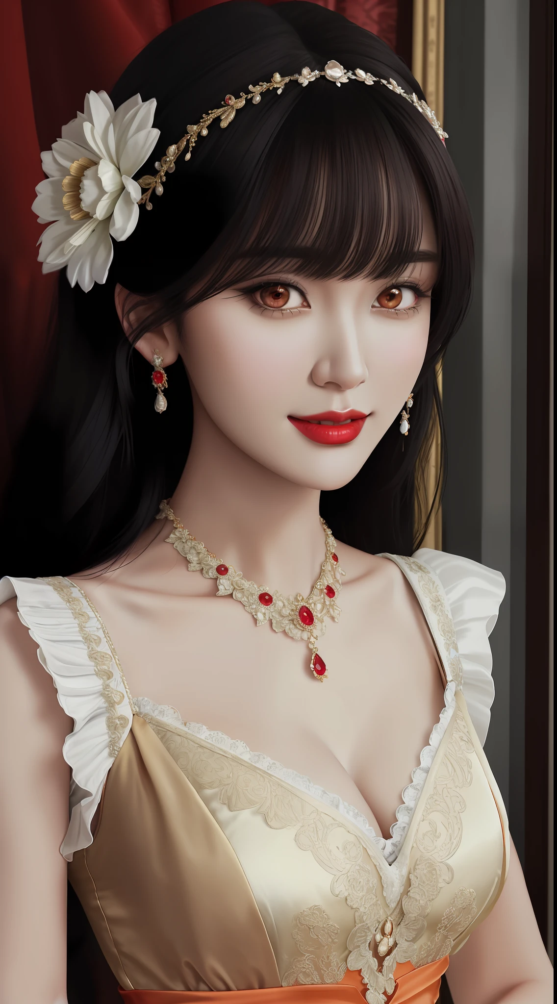 1 beautiful mature girl, looking at viewer, upper body, realistic,real girl, The girl is shy and embarrassed, Front bangs, large breasts and round, excessively frilled princess dress, draped clothes, flawless face, jewelry, ornament, flower, lace trim, beautiful big and round orange eyes, sharp eyebrows, very sharp and detailed peacock eyelashes and makeup, red lips, Smile without opening your lips, long silky black hair and jewelry clips, masterpiece, best quality, 8k, detailed skin texture, detailed cloth texture, beautiful detailed face, intricate details, ultra detailed, rim lighting, side lighting, cinematic light, ultra high res, 8k uhd, film grain,best shadow, delicate, RAW