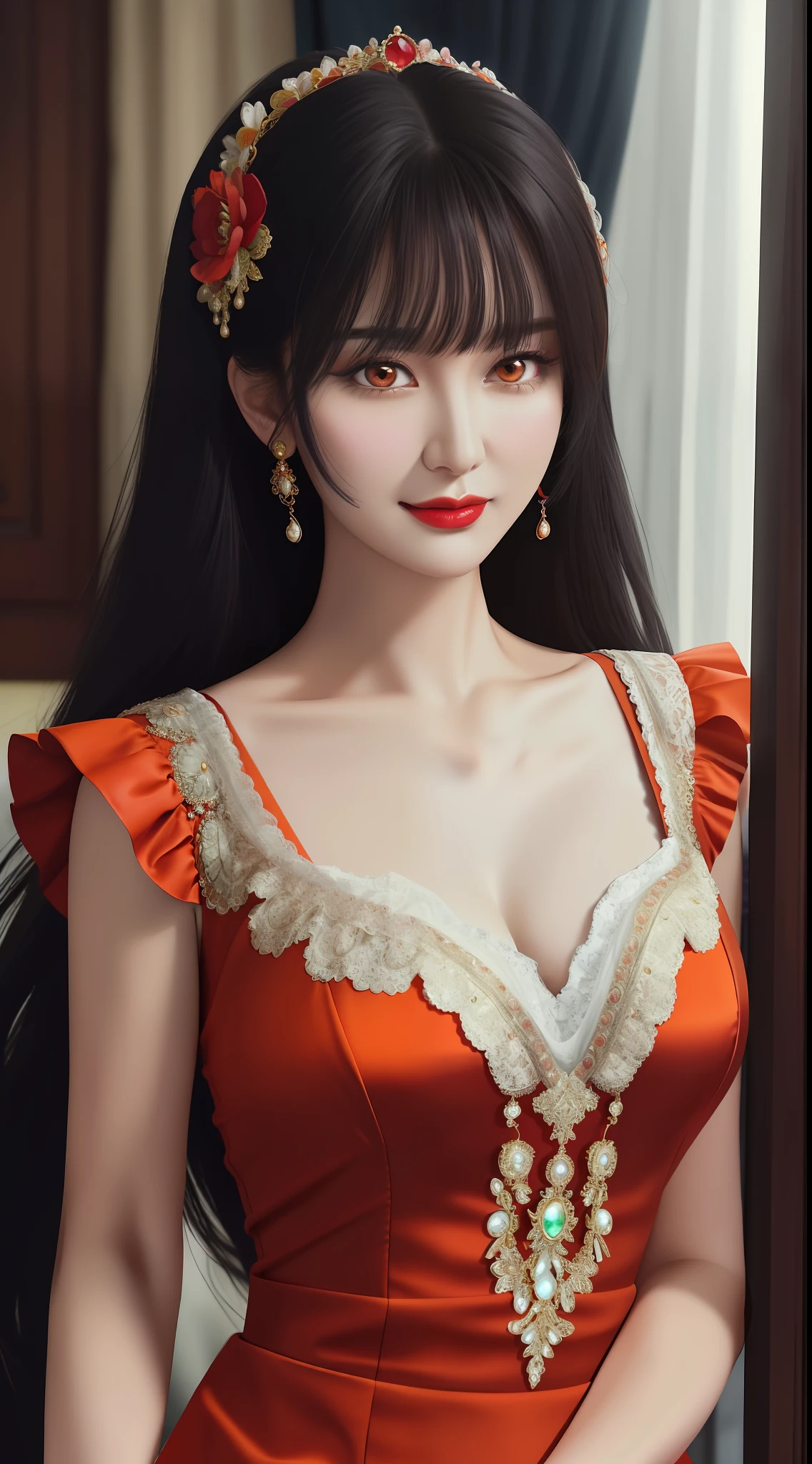 1 beautiful mature girl, looking at viewer, upper body, realistic,real girl, The girl is shy and embarrassed, Front bangs, large breasts and round, excessively frilled princess dress, draped clothes, flawless face, jewelry, ornament, flower, lace trim, beautiful big and round orange eyes, sharp eyebrows, very sharp and detailed peacock eyelashes and makeup, red lips, Smile without opening your lips, long silky black hair and jewelry clips, masterpiece, best quality, 8k, detailed skin texture, detailed cloth texture, beautiful detailed face, intricate details, ultra detailed, rim lighting, side lighting, cinematic light, ultra high res, 8k uhd, film grain,best shadow, delicate, RAW