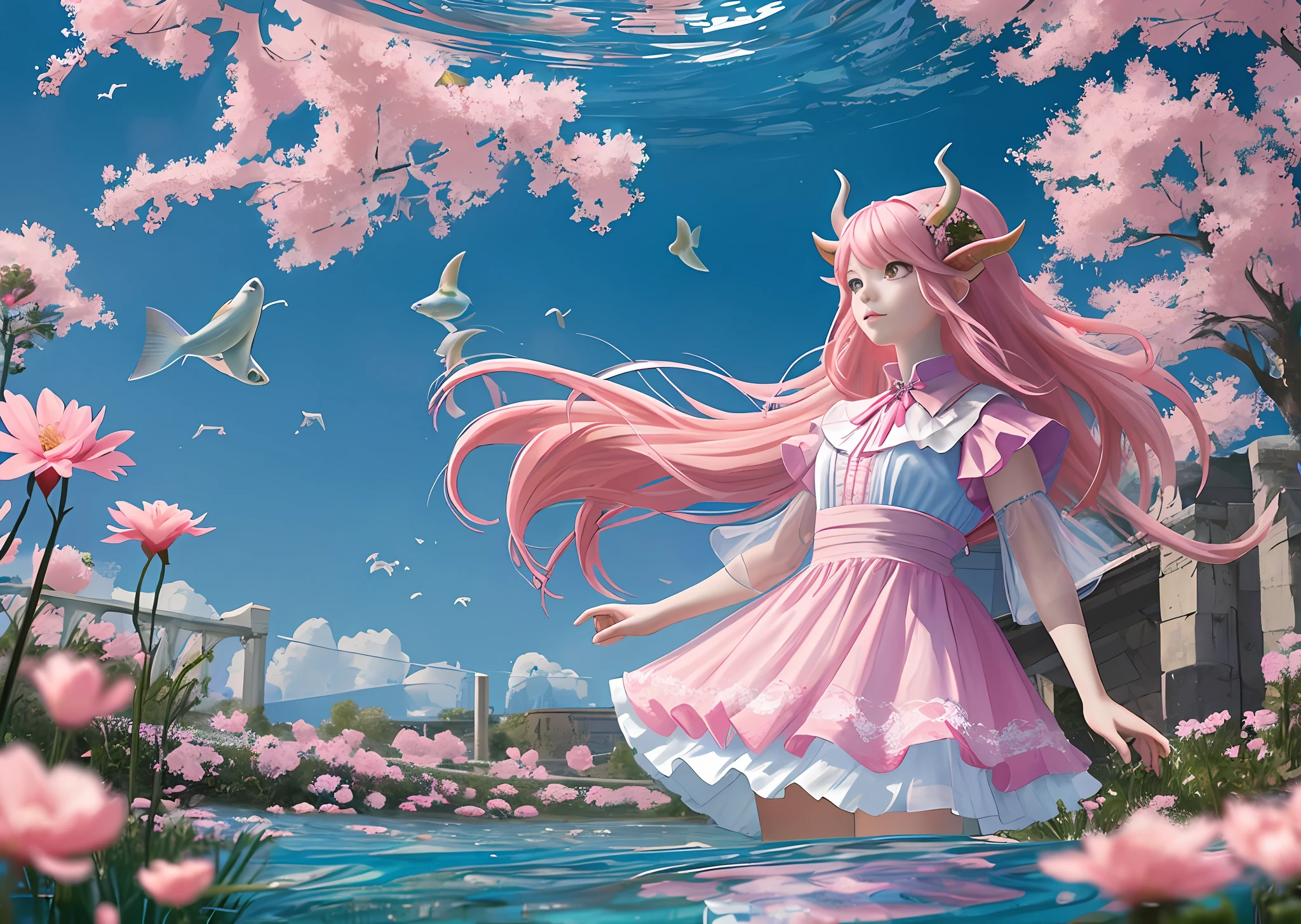 (masterpiece) girl in a river surrounded by flowers, fishes, girl with long pink hair and horns, in a transparent dress
