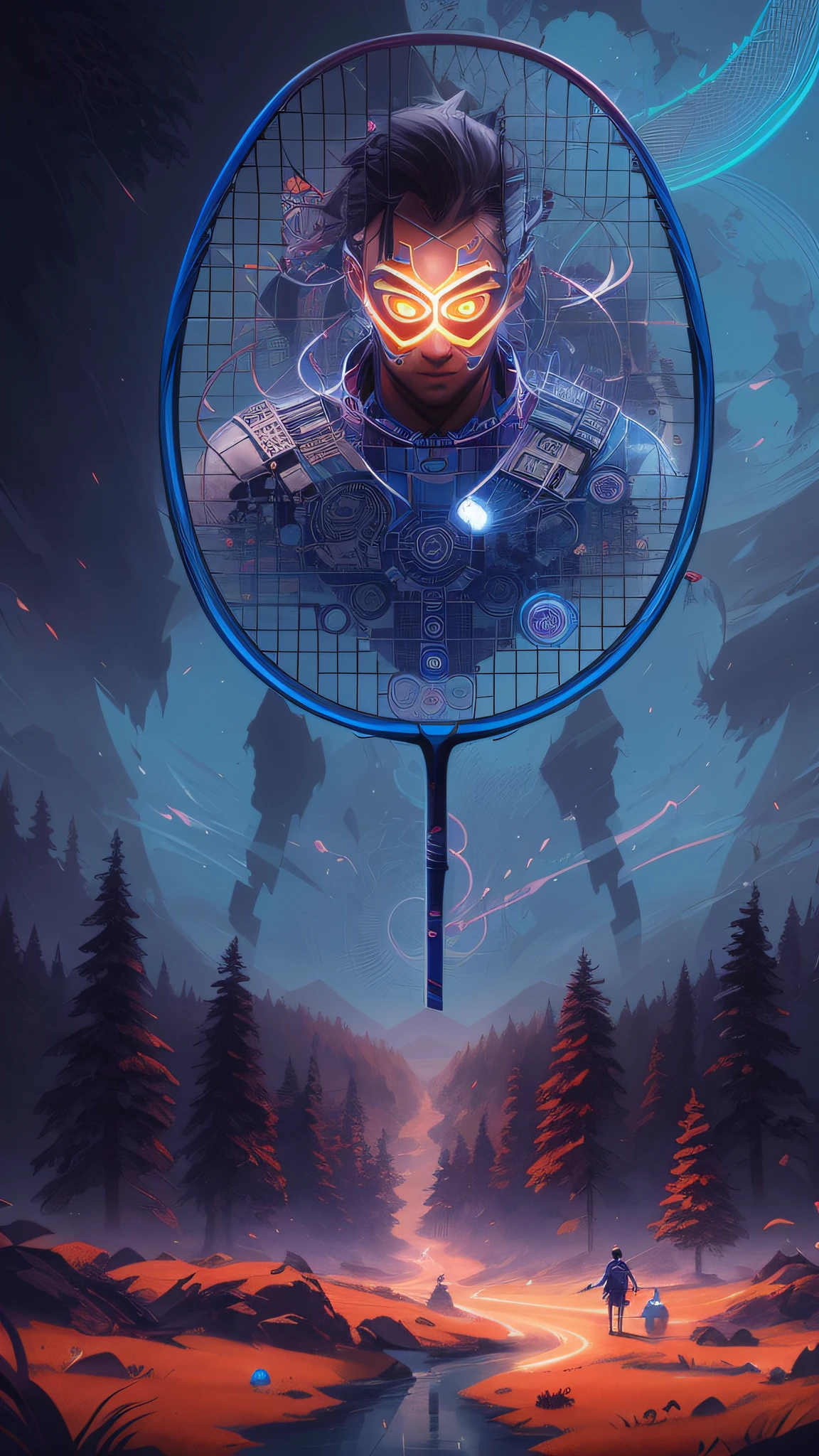 arafed image of a tennis racket with a man on it, concept illustartion, badminton, inspired by Jeremy Chong, symmetric concept art, detailed game art illustration, ultra detailed game art, 4k solarpunk wallpaper, symmetrical epic fantasy art, inspired by Johfra Bosschart, game poster, detailed game art, symmetry!! concept art