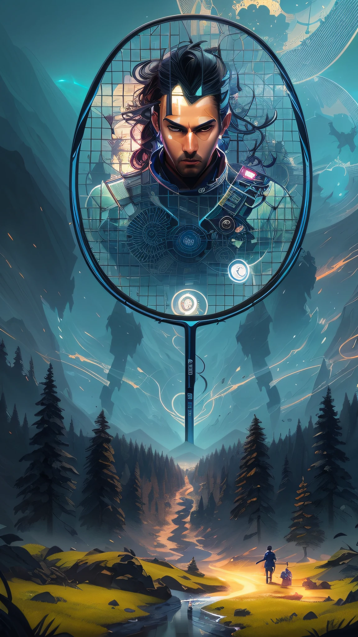 arafed image of a tennis racket with a man on it, concept illustartion, badminton, inspired by Jeremy Chong, symmetric concept art, detailed game art illustration, ultra detailed game art, 4k solarpunk wallpaper, symmetrical epic fantasy art, inspired by Johfra Bosschart, game poster, detailed game art, symmetry!! concept art