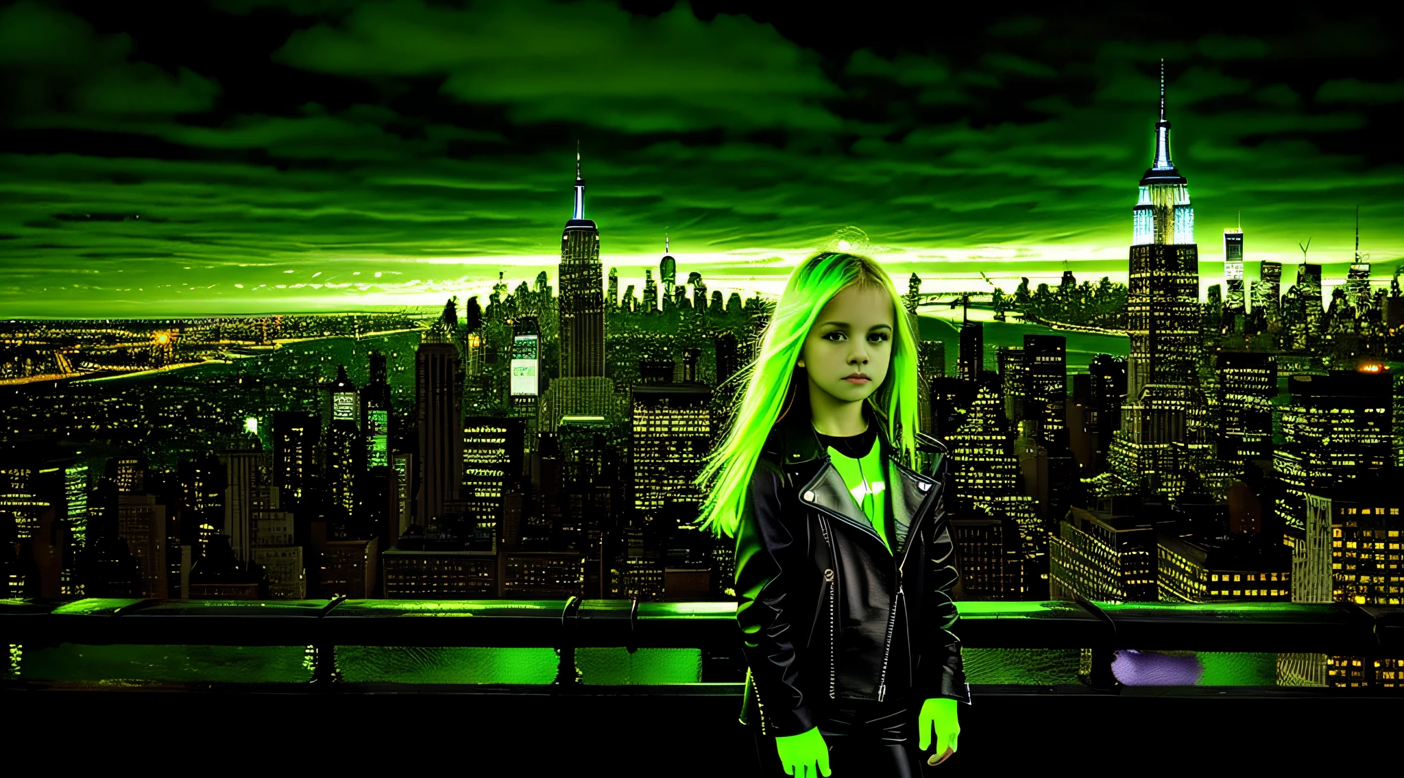 3e girls kids WITH STRAIGHT blonde HAIR, green leather jacket and black outfit. PORTRAT STYLE, image of a city skyline with a bridge and a green glow, detalized background of new york, green glow, ny, green glow, brooklyn background, green ambient light, new york background, new york city background, bright green, radioactive glow green, neon green, sickening green colors, gotham city background, new york city as a backdrop, New York