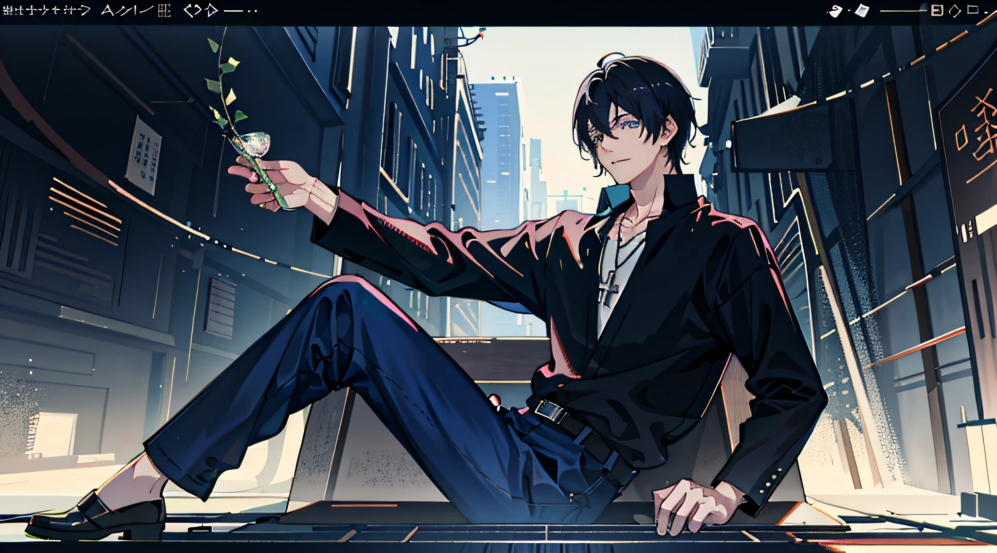 1boy, Full body,30s , Bangs, Berry, Black hair, Black shirt, Blue eyes, Hair between eyes, Jewelry, Leaves, Looking diagonally forward, Male focus, Necklace, Pants, Shirt, Solo, Watch, Watch, Watch, Messy hair, Trending in artstation, 8k resolution, highly detailed and anatomically correct, Sharp images, Digital painting, Concept art, Trending on pixiv, Makoto Shinkai's style,