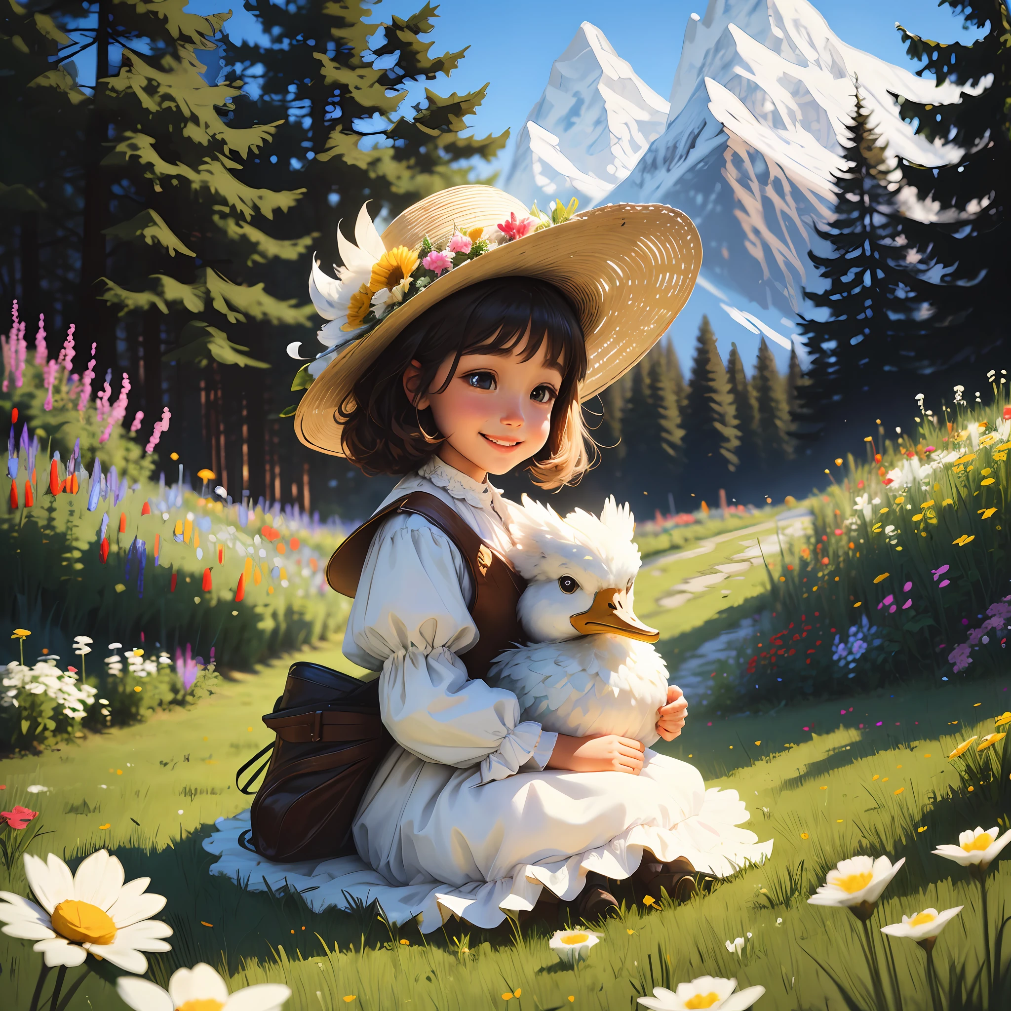 Alps, flower garden, yodeling forest, feathers on the back of a child, gentle smile, light, playing with ducks, fun, flowers, --auto --s2