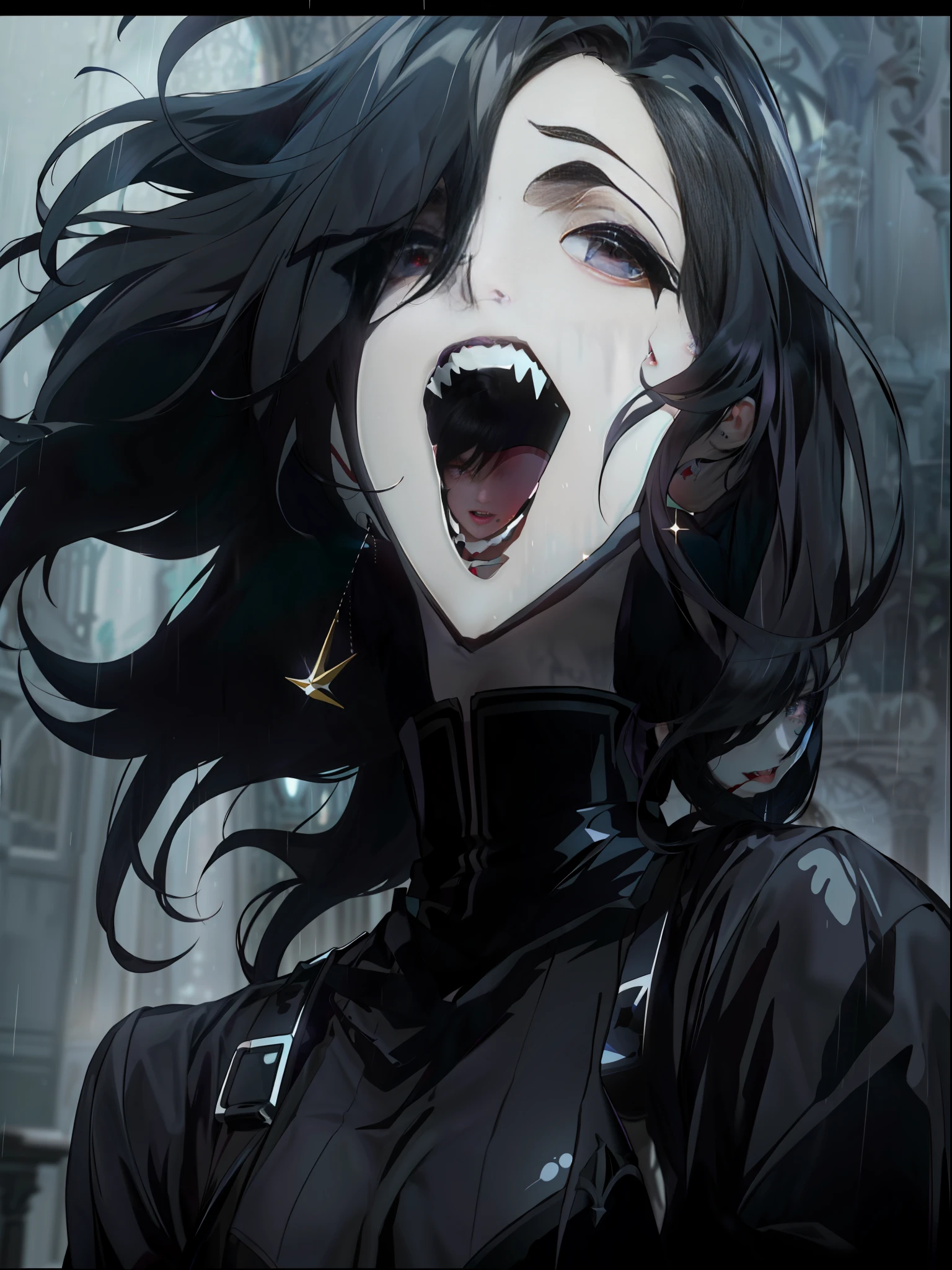 1girl,solo, (8k, best quality, masterpiece:1.37), (RAW photo), (detailed face and eyes), super detailed, best quality, super high resolution, portrait of vampire queen in gorgeous black dress, anime girl in black dress, 1 7  - anime gothic girl, detailed fan art, solo, crazy, looking at the audience, high quality fan art, Tifa Lockhart bare-shouldered, black dress, black hair, black hair and white teeth in the rain, albedo style of anime overlord, 17 years irl, interior castle, selected anime stills, black hair, tongue sticking, fangs, blood stains, stained glass purple moonlight and chandeliers.