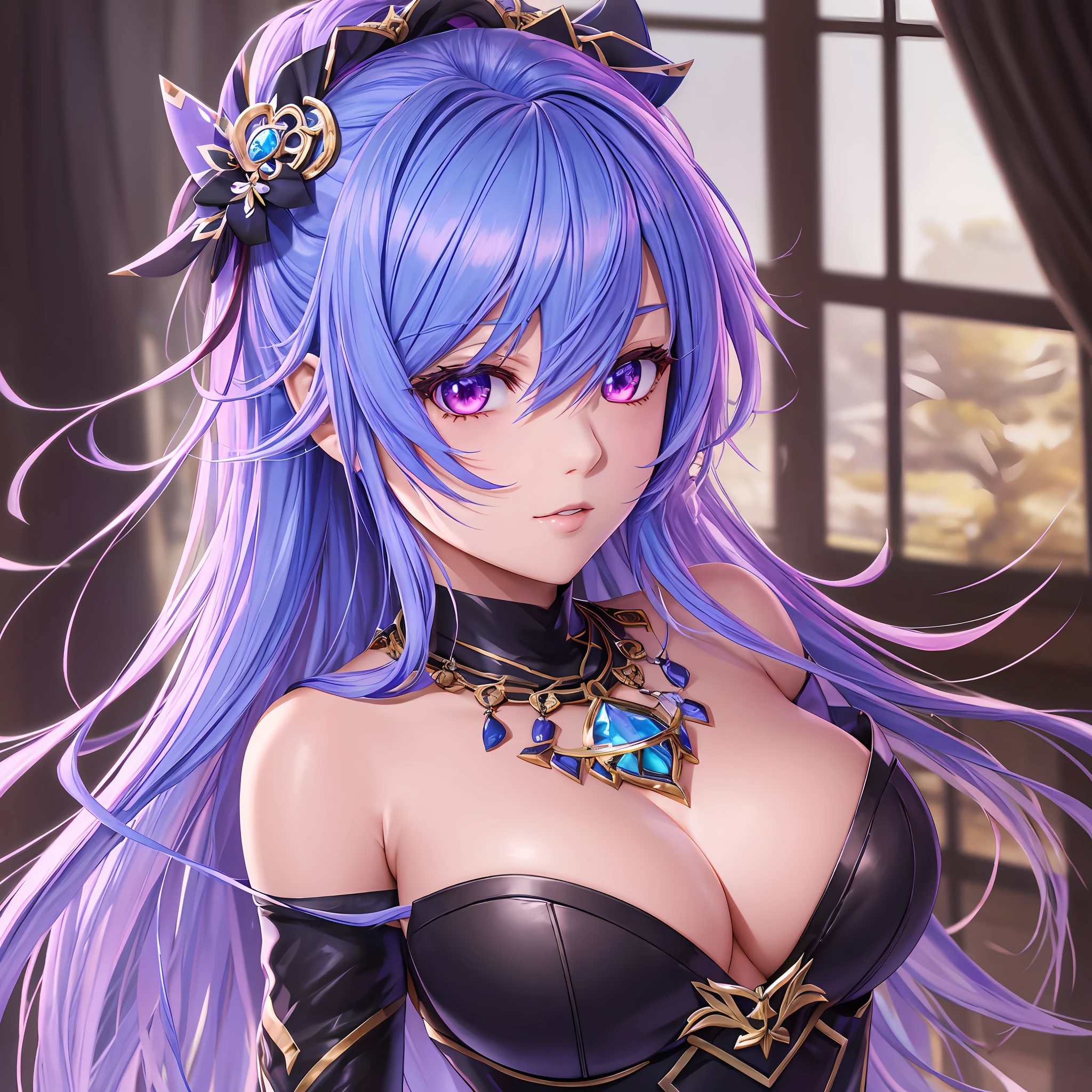 best quality, masterpiece, high resolution, 1girl, hair ornament, necklace, jewelry, beautiful face, upon_body, dark studio, two-tone lighting, soft lighting, high quality, volumetric lighting, sincere, photography, high resolution, medium breasts, (light pink lips), anime character with blue hair, genshin, sad cerulean eyes, genshin impact style, genshin impact impact videogame, black anime pupils in your eyes --auto --s2