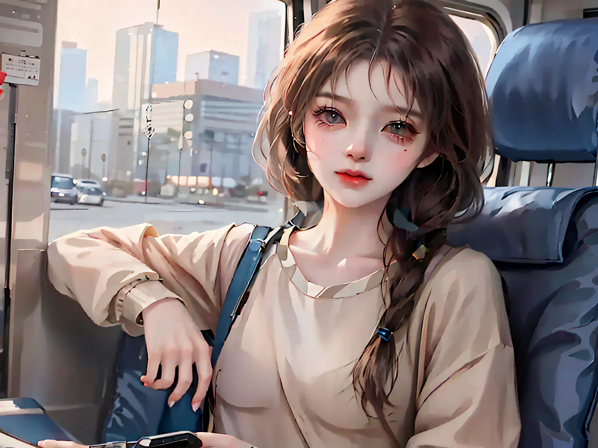 anime girl sitting on a bus looking at her cell phone, beautiful anime girl, portrait anime girl, attractive anime girl, artwork in the style of guweiz, realistic anime artstyle, beautiful anime portrait, anime style. 8k, realistic cute girl painting, pretty anime girl, cute anime girl, anime girl, anime style 4 k, anime realism style