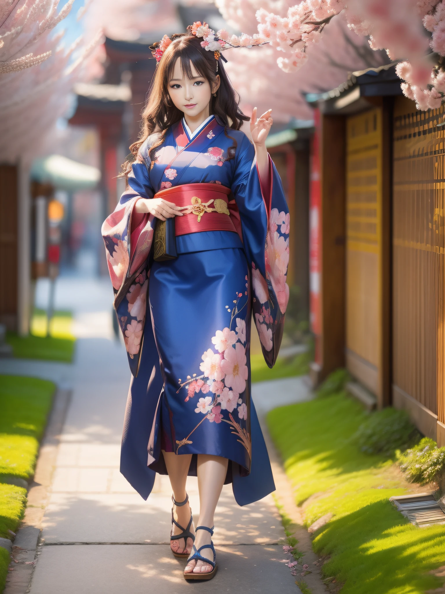 full body,full shot,sfw,beautiful russian girl in the image of a geisha with big bright blue eyes and long fluffy eyelashes Nordic type with a perfect miniature and graceful figure and very long and fluffy wavy wheat-colored hair stands full-length in the alley against a blooming Japanese pink sakura in a Japanese kimono colour NAVY BLUE and Japanese shoes gatte colour NAVY BLUE, The kimono of the girl is laced with intricate patterns of appliqué and embroidery of sakura blossoms, small breasts with bulges are translucent through the fabric, the ground on which the girl stands is studded with sakura petals, scene highly artistic, high resolution, sharp focus, Migjorni-V5 artistic style, hyperphotorealism, perfect proportions, golden ratio, flare, outline, sunlight, soft glow, soft focus, photography technique Monocle