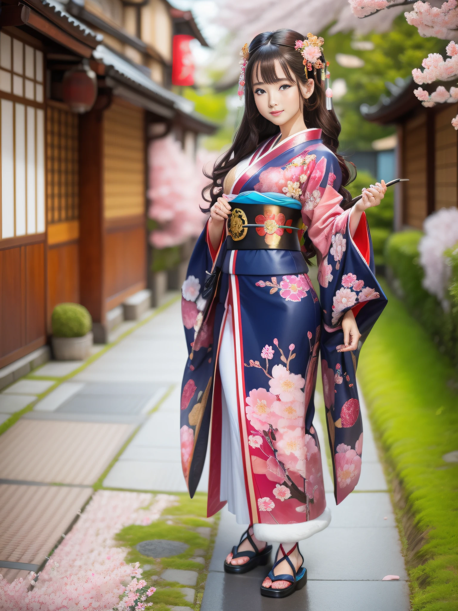 full body,full shot,sfw,beautiful russian girl in the image of a geisha with big bright blue eyes and long fluffy eyelashes Nordic type with a perfect miniature and graceful figure and very long and fluffy wavy wheat-colored hair stands full-length in the alley against a blooming Japanese pink sakura in a Japanese kimono colour NAVY BLUE and Japanese shoes gatte colour NAVY BLUE, The kimono of the girl is laced with intricate patterns of appliqué and embroidery of sakura blossoms, small breasts with bulges are translucent through the fabric, the ground on which the girl stands is studded with sakura petals, scene highly artistic, high resolution, sharp focus, Migjorni-V5 artistic style, hyperphotorealism, perfect proportions, golden ratio, flare, outline, sunlight, soft glow, soft focus, photography technique Monocle