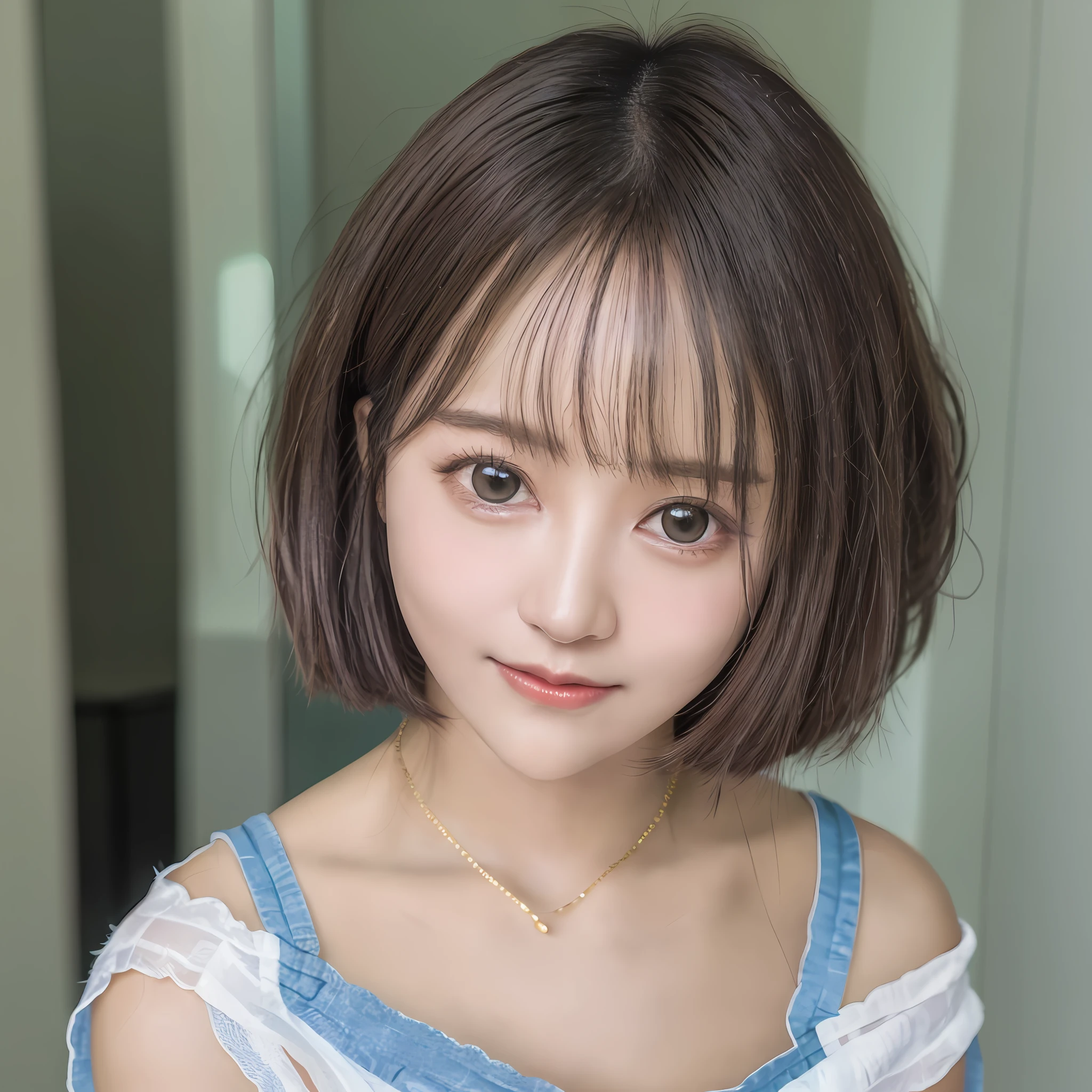 Best image quality, best quality, Japan woman, black hair, short bob, perm, glossy lips, resort, sheer off-shoulder, chest emphasis, cute smile, camera gaze, beautiful necklace, small face, double eyelids, patchy eyes, shiny little lips, slightly pointed chin, small eyes, eyebrows