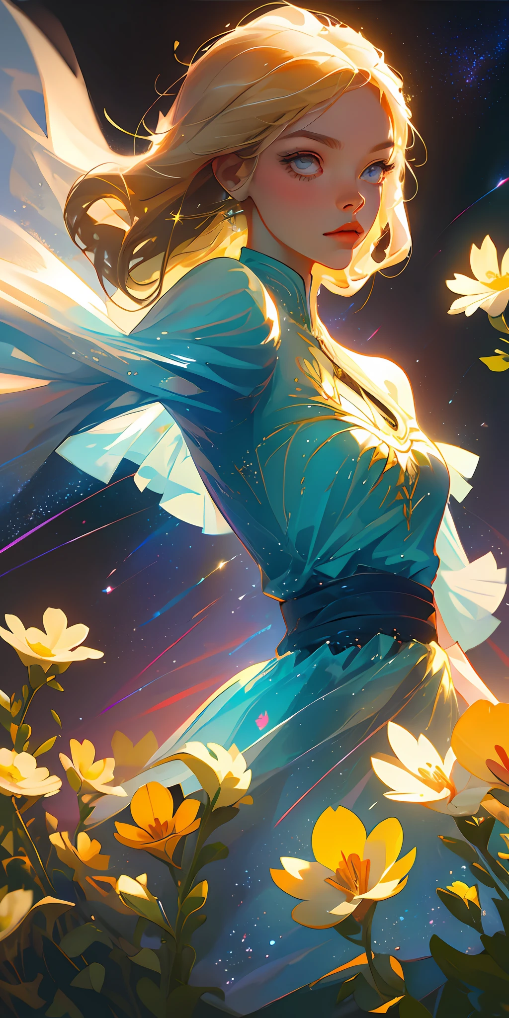 (best quality, masterpiece), 1girl, pose, particle, wind, flower, upper body, simple background, looking at viewer, blonde, galaxy,
