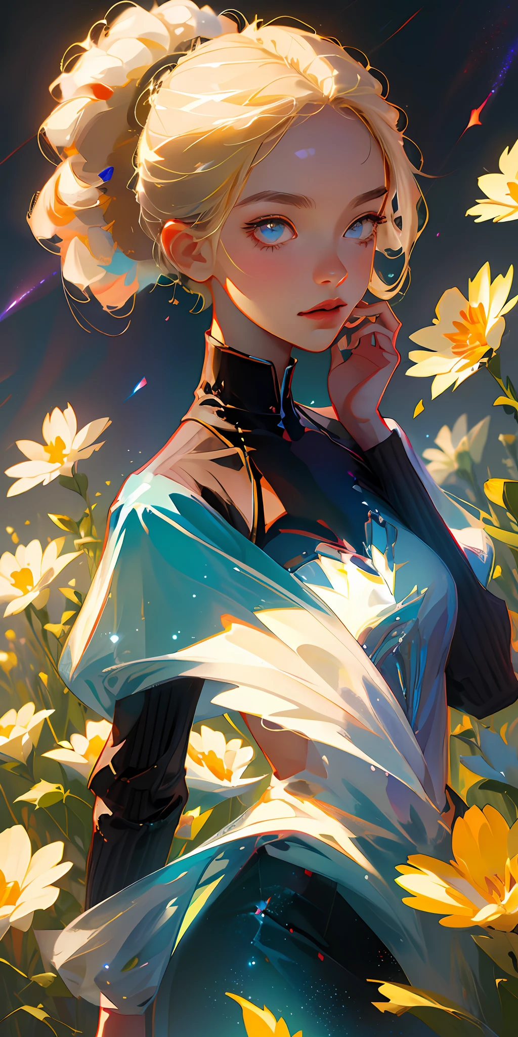 (best quality, masterpiece), 1girl, pose, particle, wind, flower, upper body, simple background, looking at viewer, blonde, galaxy,