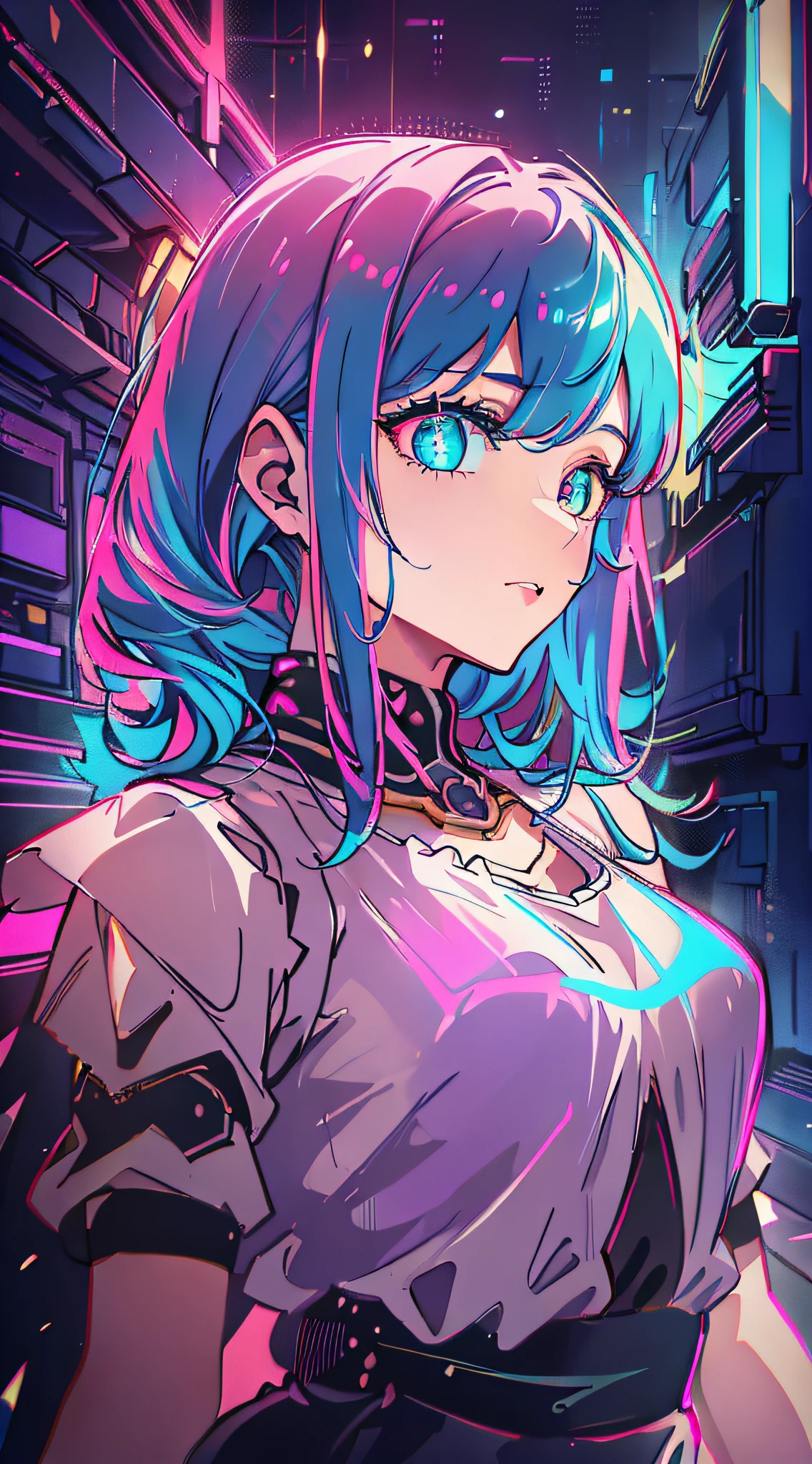 (Masterpiece: 1.3), (Beautiful: 1.2), (Best Quality: 1.2), (Details: 1.2), (Official Art: 1.2), (Beautiful Eyes, Shining Eyes, Heterochromia: 1.5), Fallen Angel, Solo, Shiny Hair, (Iridescent Hair, Colorful Hair, Half Blue and Half Pink Hair: 1.2) Slime, Blushing, Embarrassing, Angel Halo, Iridescent Hair, Charming Pose, Best Details, High Contrast, Bright Eyes, Medium Bright, Synthwave, Retro-Future, Cyberpunk, Street, Backlit, Colorful, Neon, Neonglow,