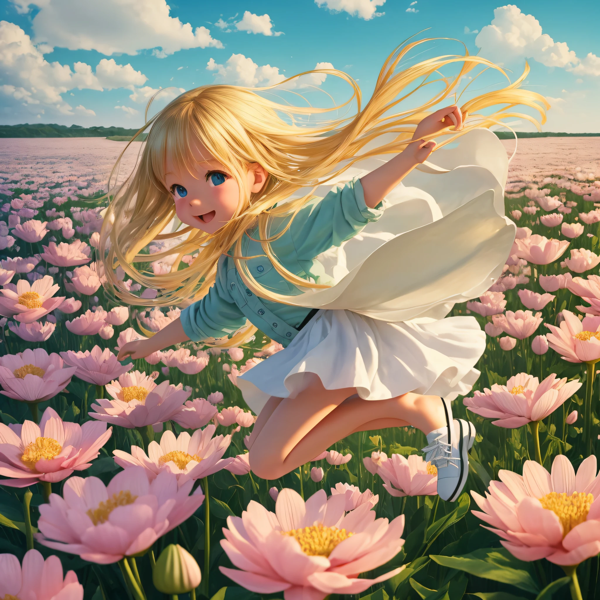 A  blonde girl, jumping from a giant flower in a sea of marshmellow --auto --s2