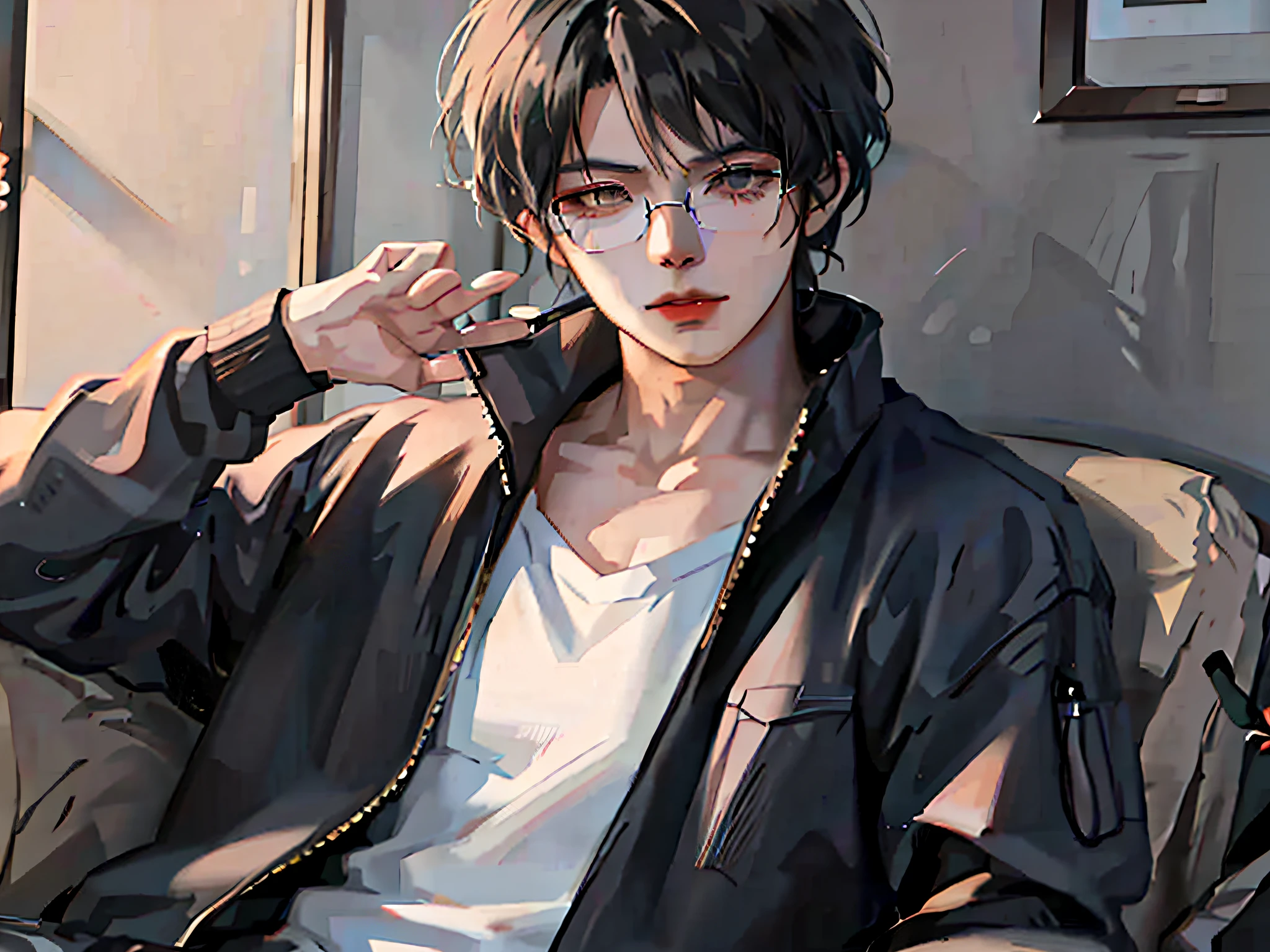 anime boy with black hair and glasses sitting on a couch, artwork in the style of guweiz, handsome anime pose, anime handsome man, male anime style, anime boy, young anime man, anime portrait of a handsome man, high quality anime artstyle, handsome guy in demon slayer art, realistic anime artstyle, by Yang J, anime style 4 k
