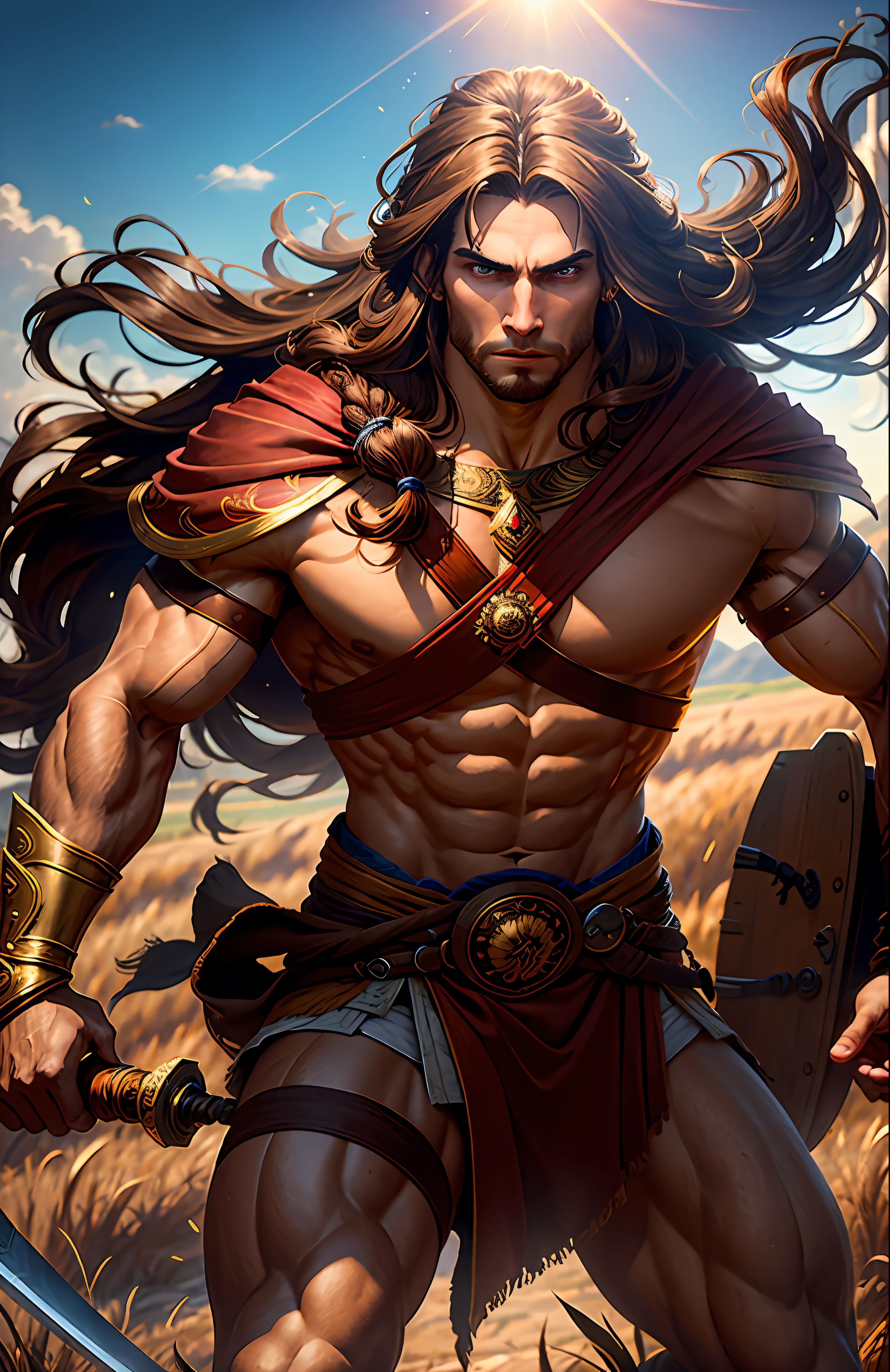 masterpiece, highest quality, solo focus, (perfect face:1.1) , (high detail:1.1), (dramatic, 1.5), (long brown hair:1.3) action shot, strong legs, 1 muscular male, wearing red loincloth:1.3, gold jewelry:1.3, long brown hair:1.3, holding long sword 1.2), (in open plains, daytime, bright light:1.3), young men, battle stance, hyper detailed, digital art, studio quality, smooth render, unreal engine 5 render, octane render, 8K
