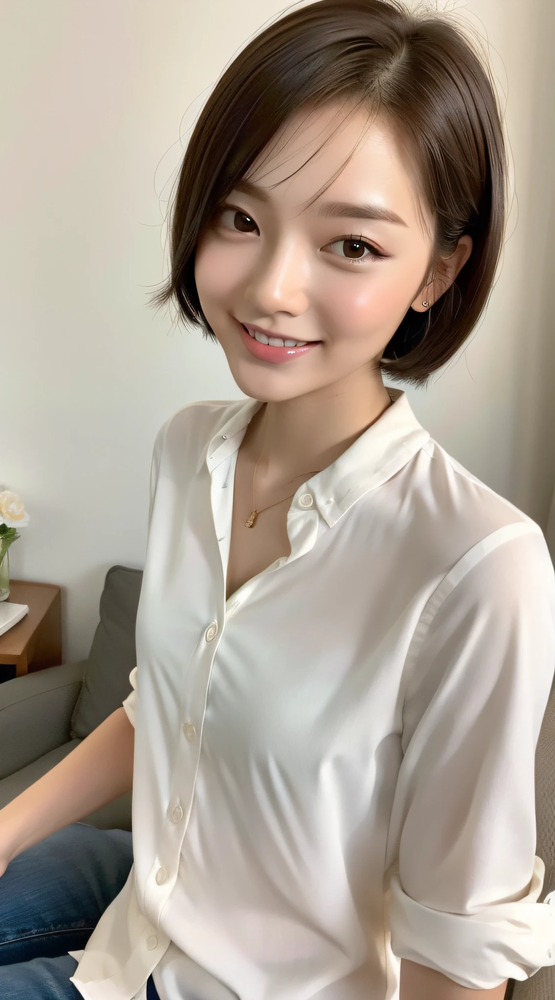 (top quality, 8k, masterpiece: 1.3)), crisp focus, one girl, slim beauty: 1.2, brown hair, (short hair), (big: 1.5), (layer cut), detailed eyes, double eyelids, baby face, cute smile, mouth closed, ultra-realistic, super detailed, high quality, highly detailed face and skin texture, indoors, living room, beautiful college girl with short hair, who does tutoring part-time, ( White blouse and chinos with simple casual design), (clean clothes), sexy baby face, unconscious erotic body, from the front