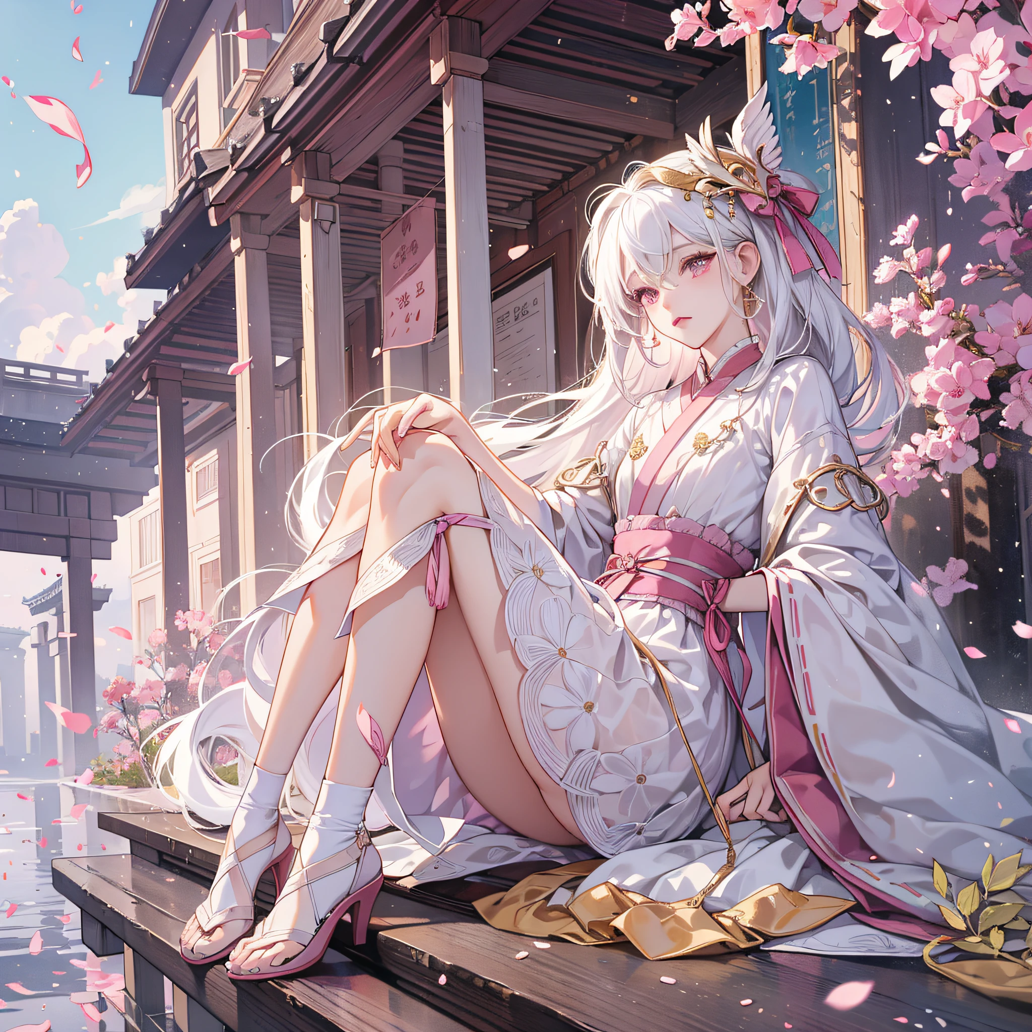 jiezuo, fully body, Delicate face, white hair, Pink and white clothes, Delicate and small hands, Shoes with gold wire trim, ribbon, mask, 4k, super detail, high details, best quality, textured skin --auto --s2