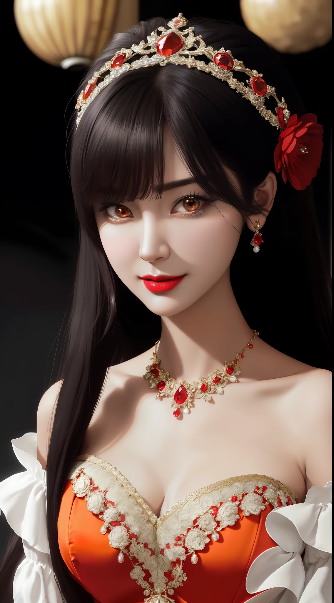 1 beautiful mature girl, looking at viewer, upper body, realistic,real girl, The girl is shy and embarrassed, Front bangs, large breasts and round, excessively frilled princess dress, draped clothes, flawless face, jewelry, ornament, flower, lace trim, beautiful big and round orange eyes, sharp eyebrows, very sharp and detailed peacock eyelashes and makeup, red lips, Smile without opening your lips, long silky black hair and jewelry clips, masterpiece, best quality, 8k, detailed skin texture, detailed cloth texture, beautiful detailed face, intricate details, ultra detailed, rim lighting, side lighting, cinematic light, ultra high res, 8k uhd, film grain,best shadow, delicate, RAW