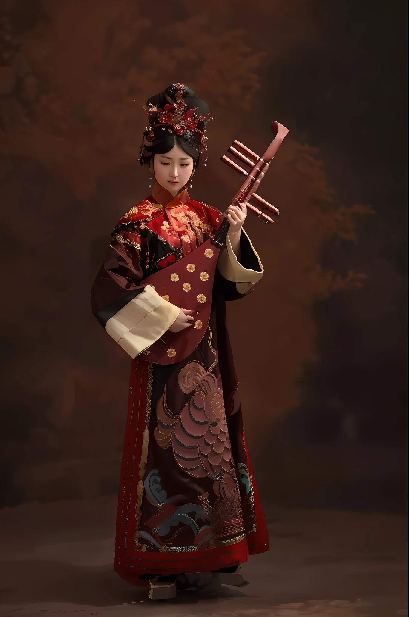 arafed woman in a red and gold dress holding a musical instrument, ancient chinese princess, chinese empress, palace ， a girl in hanfu, wearing ancient chinese clothes, with acient chinese clothes, ancient asian dynasty princess, wearing ornate silk clothes, traditional chinese clothing, hanfu, chinese costume, inspired by Li Mei-shu, chinese princess, ancient chinese goddess --auto --s2