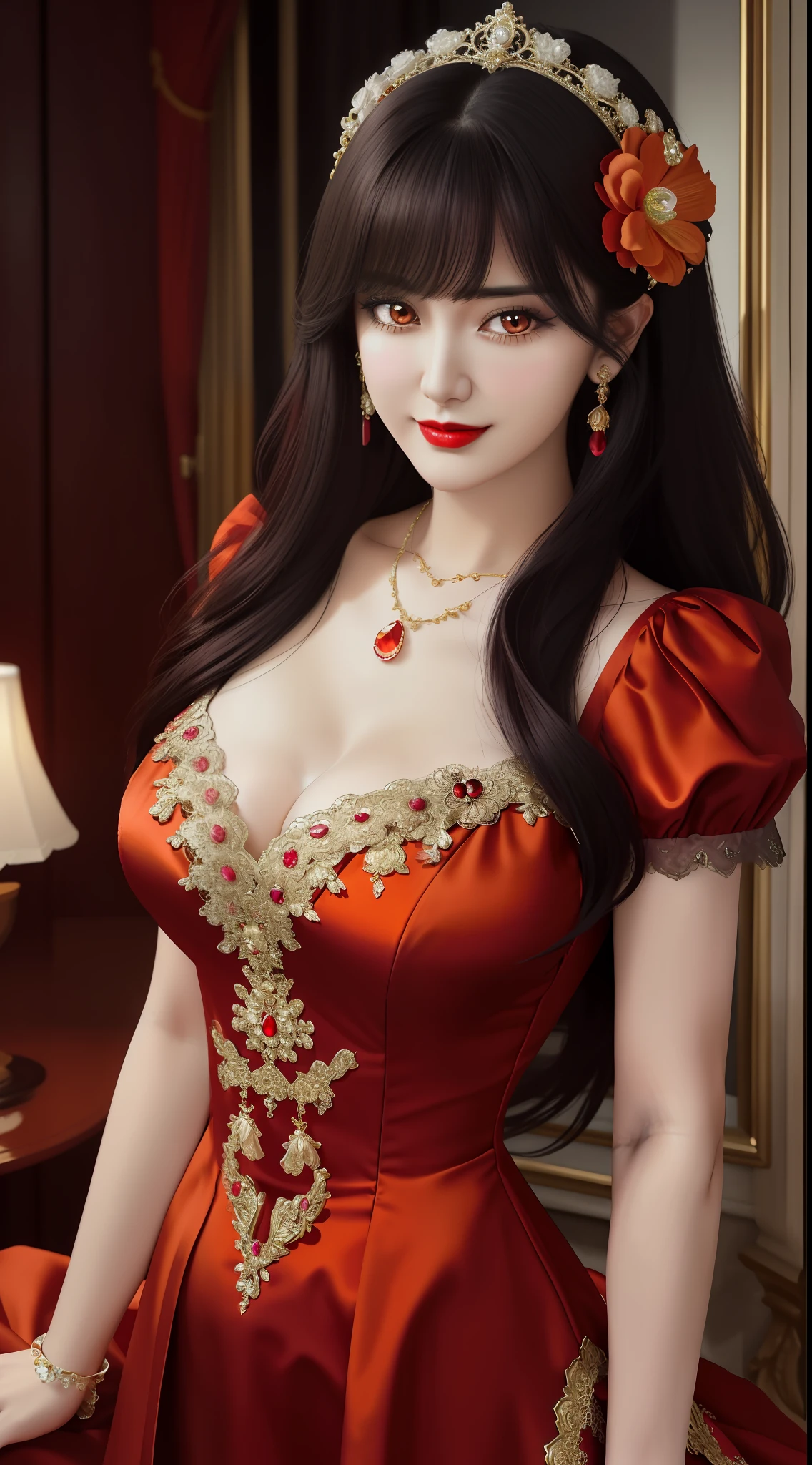 1 beautiful mature girl, looking at viewer, upper body, realistic,real girl, The girl is shy and embarrassed, Front bangs, large breasts and round, excessively frilled princess dress, draped clothes, flawless face, jewelry, ornament, flower, lace trim, beautiful big and round orange eyes, sharp eyebrows, very sharp and detailed peacock eyelashes and makeup, red lips, Smile without opening your lips, long silky black hair and jewelry clips, masterpiece, best quality, 8k, detailed skin texture, detailed cloth texture, beautiful detailed face, intricate details, ultra detailed, rim lighting, side lighting, cinematic light, ultra high res, 8k uhd, film grain,best shadow, delicate, RAW