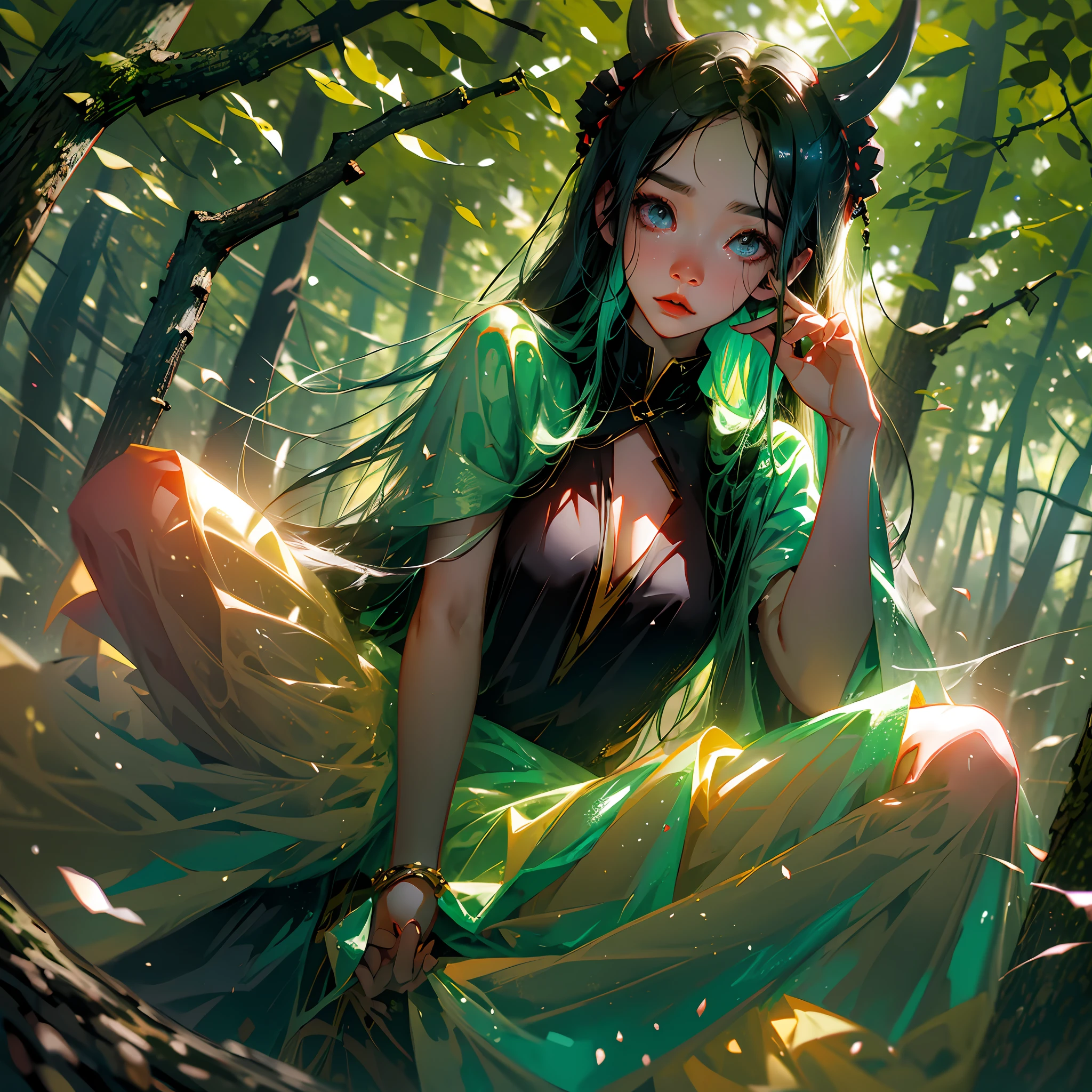 a asian succubus is crouching in the forest looking at me, her long hair is flying in the wind, her sexy body is wet with sweat, her transparent dress shows her beautiful body --auto --s2